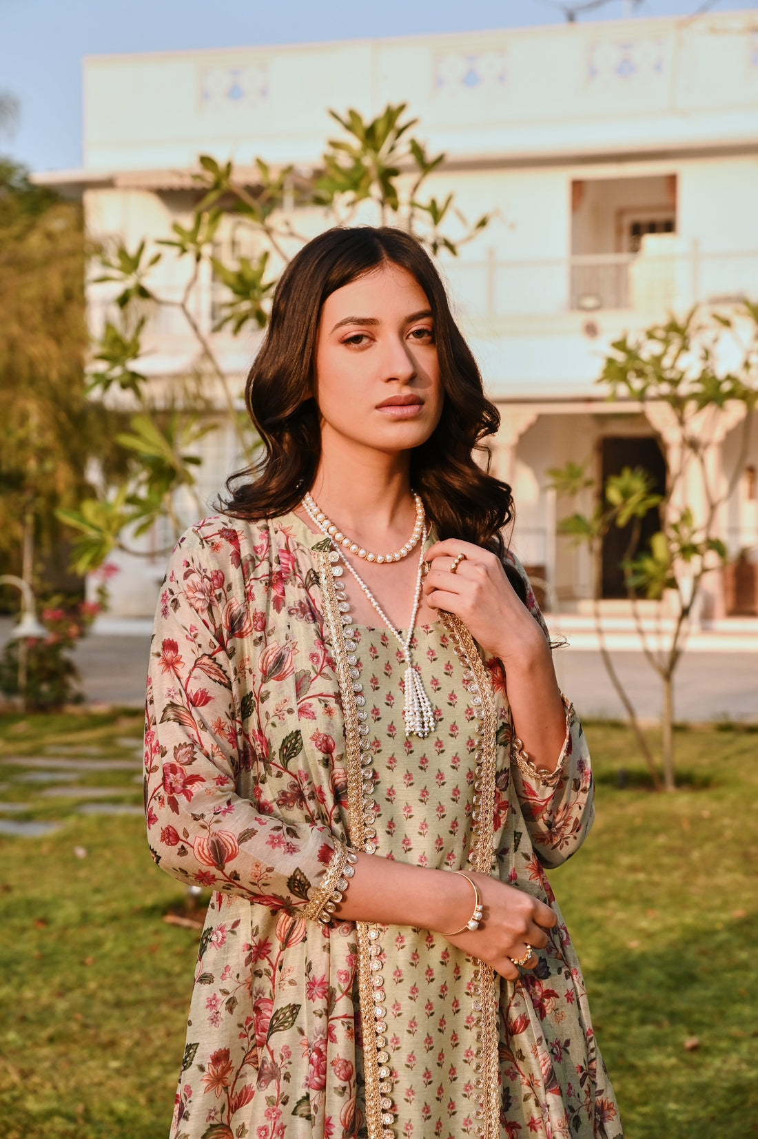 PRINTED PISTA GREEN JACKET CHANDERI DRESS