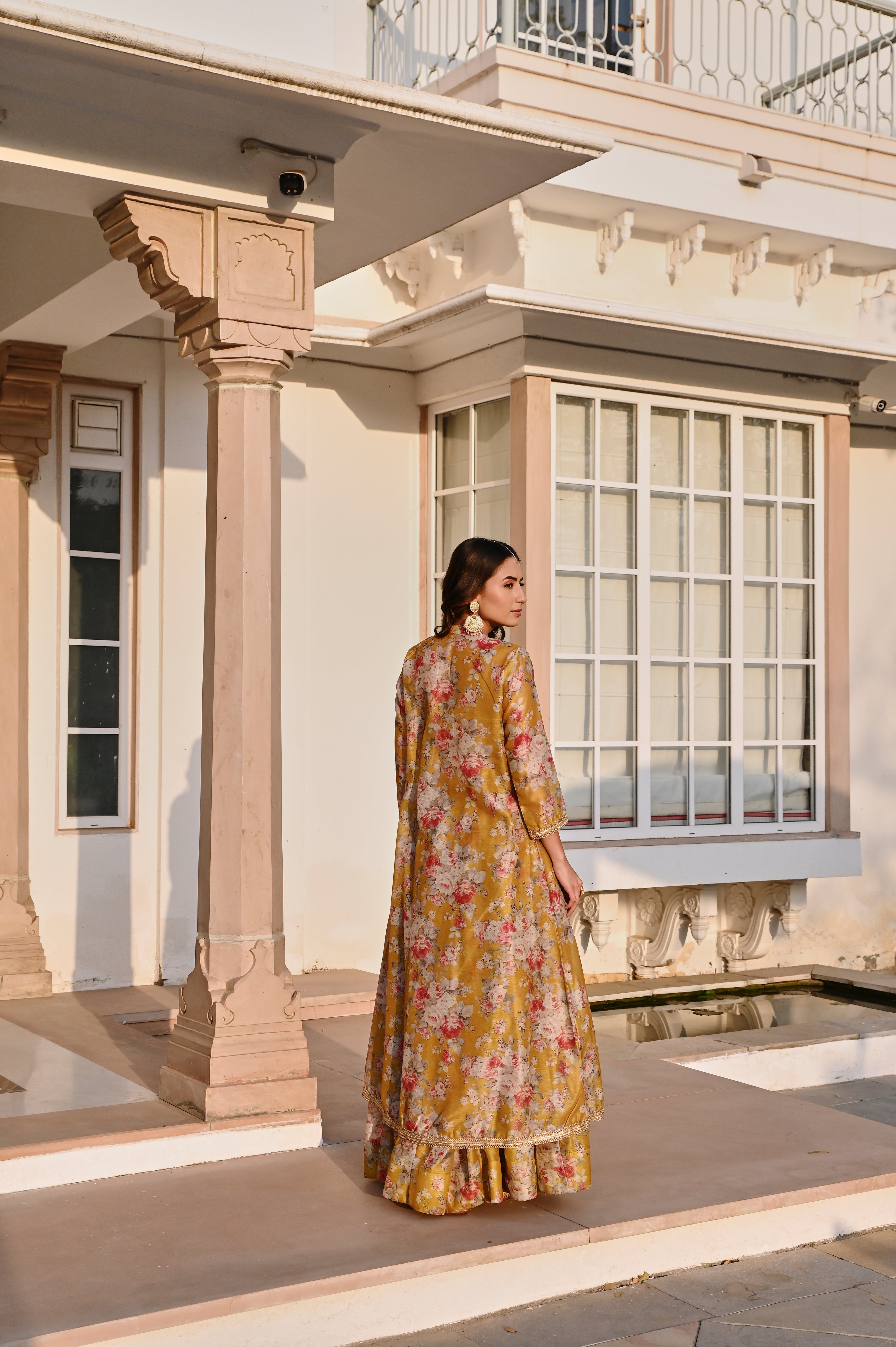 MUSTARD PRINTED EMBROIDERED SKIRT SET WITH JACKET