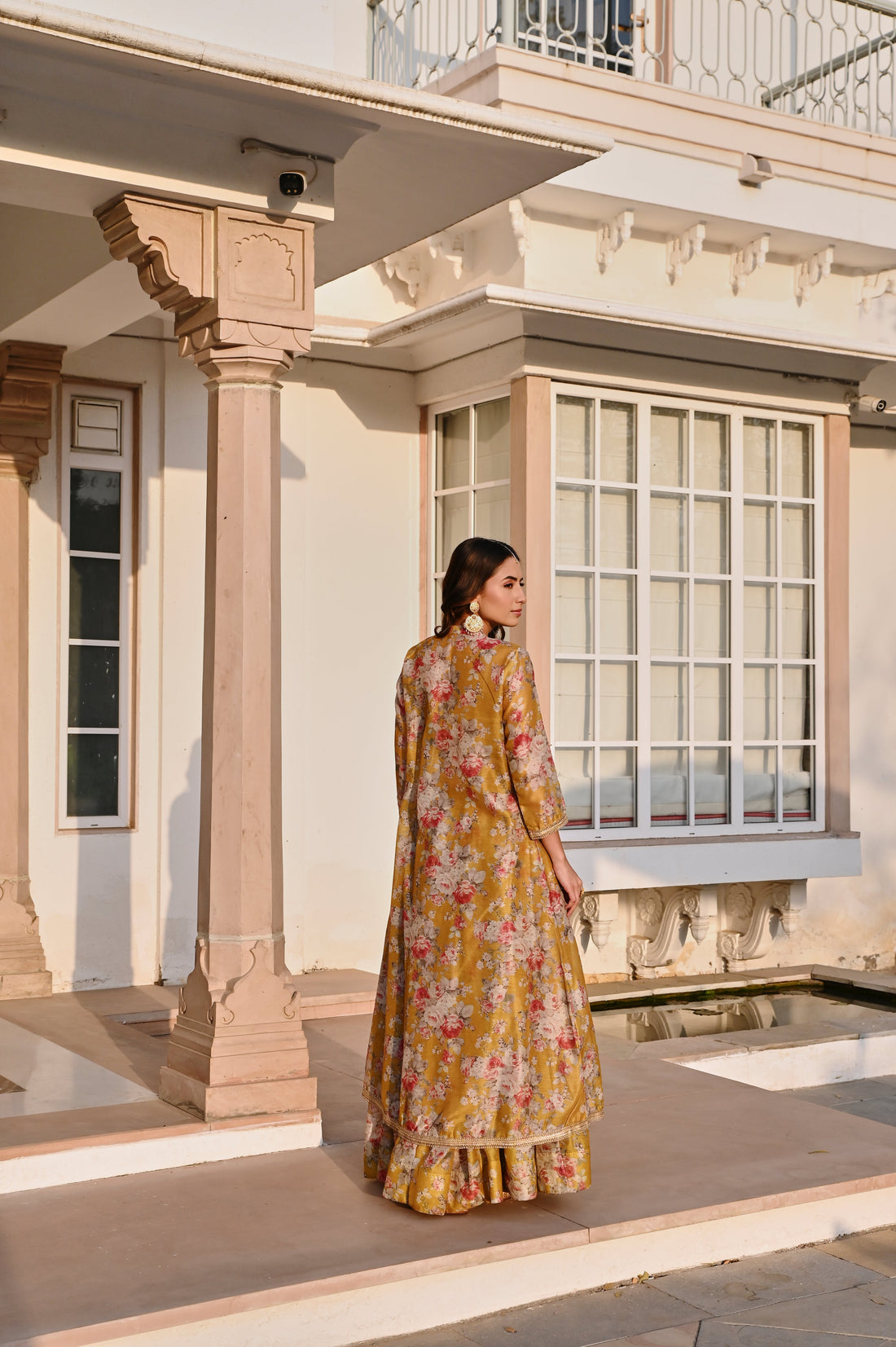MUSTARD PRINTED EMBROIDERED SKIRT SET WITH JACKET