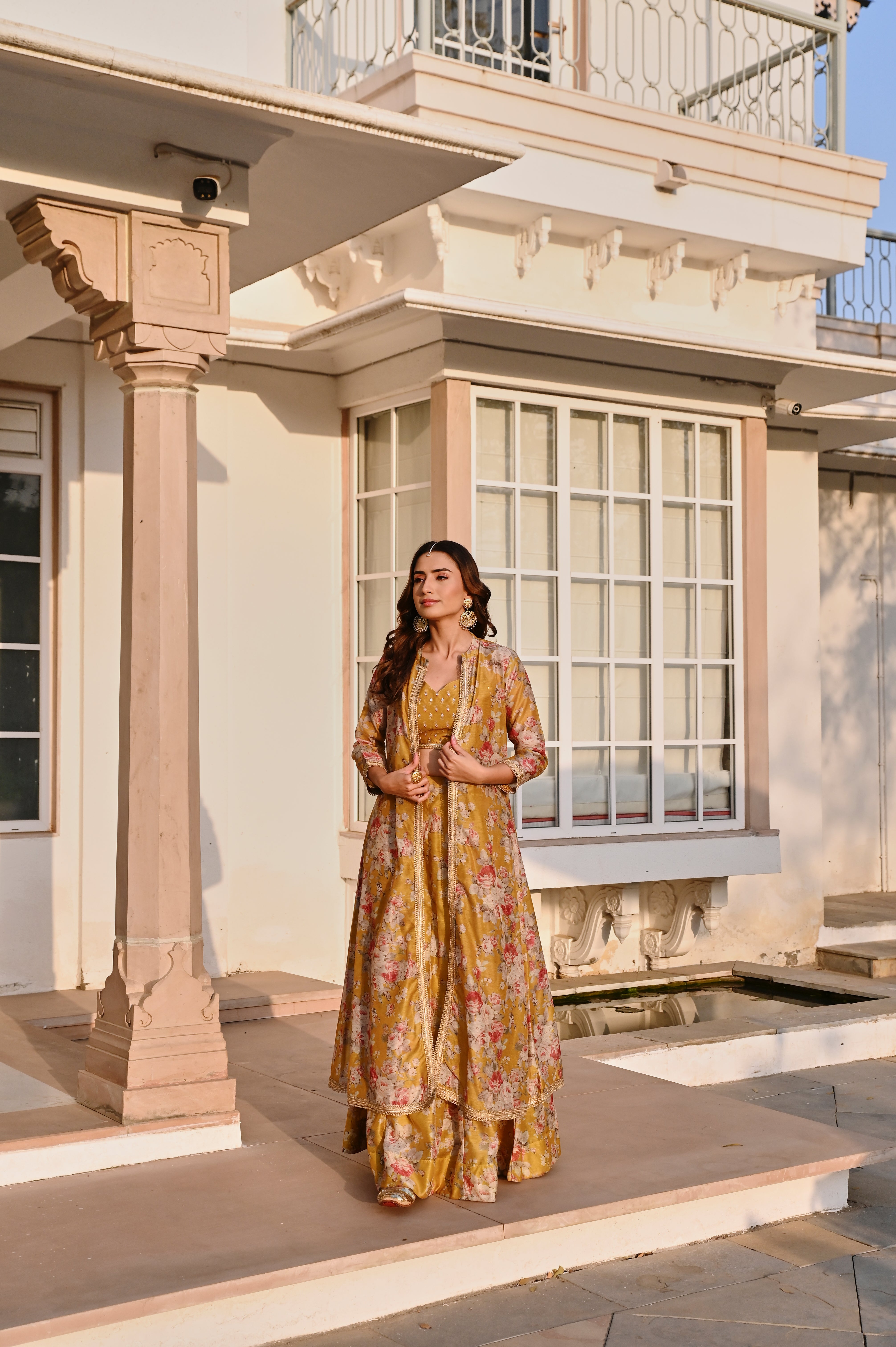 MUSTARD PRINTED EMBROIDERED SKIRT SET WITH JACKET