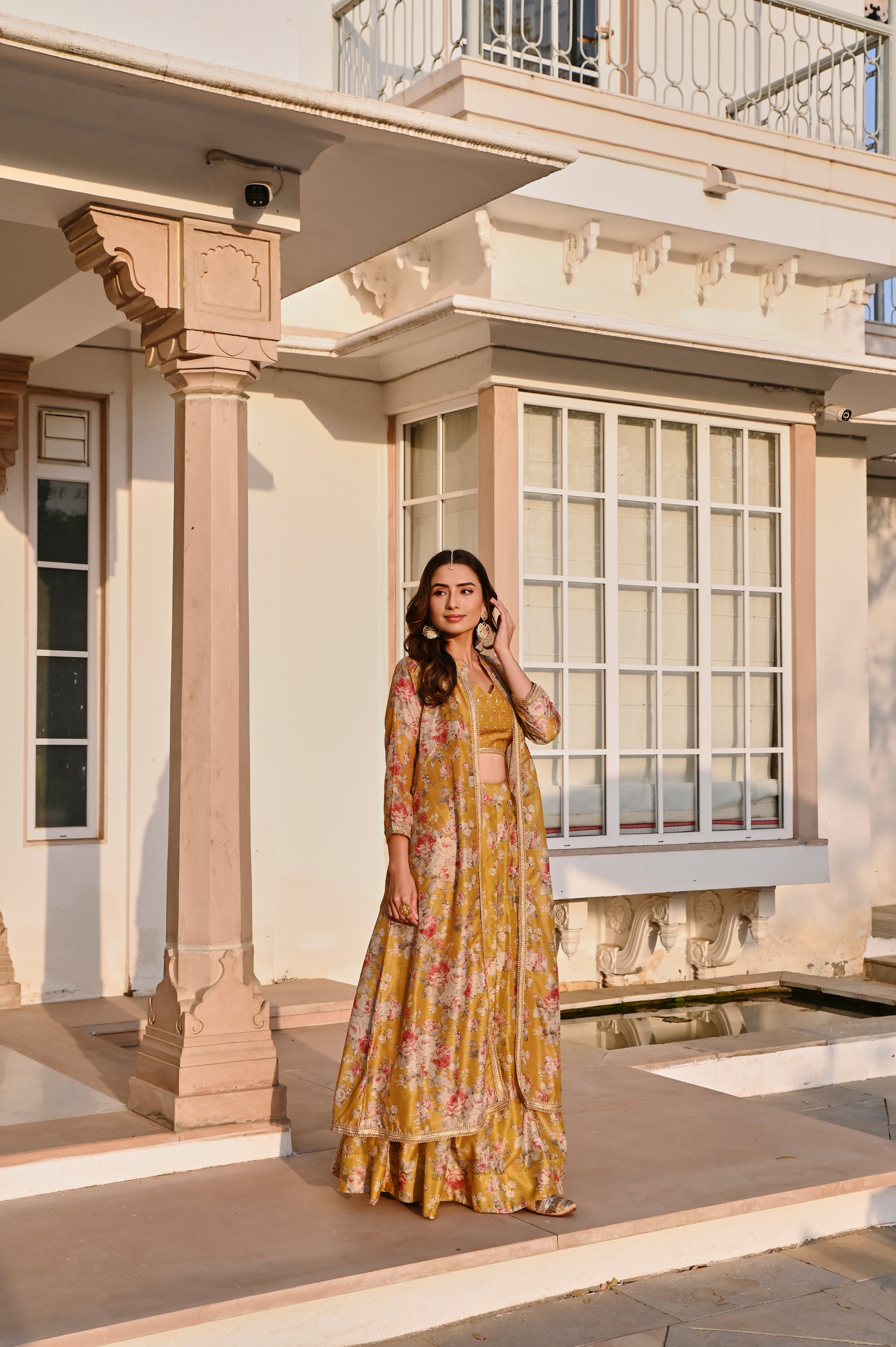 MUSTARD PRINTED EMBROIDERED SKIRT SET WITH JACKET