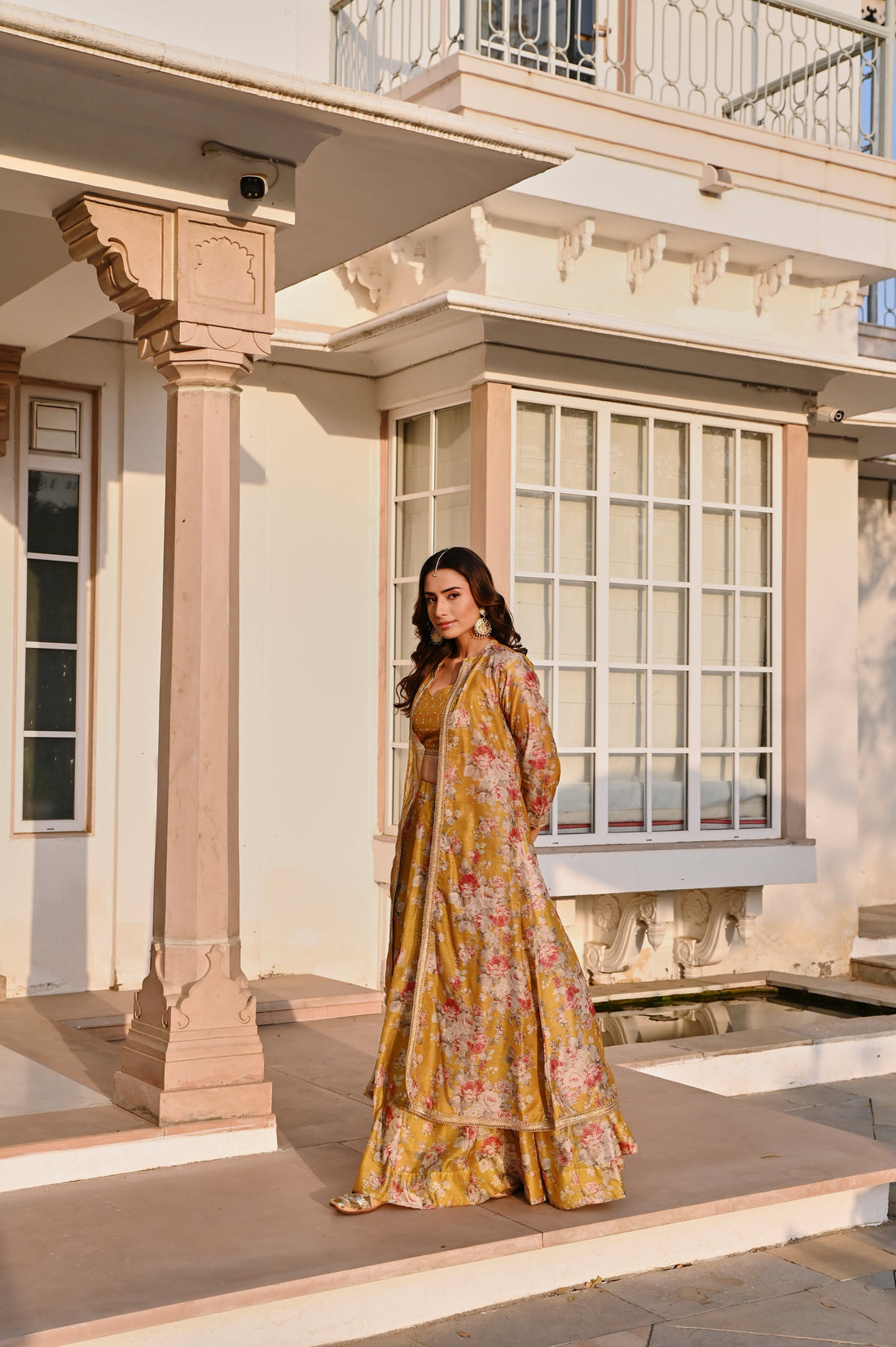 MUSTARD PRINTED EMBROIDERED SKIRT SET WITH JACKET