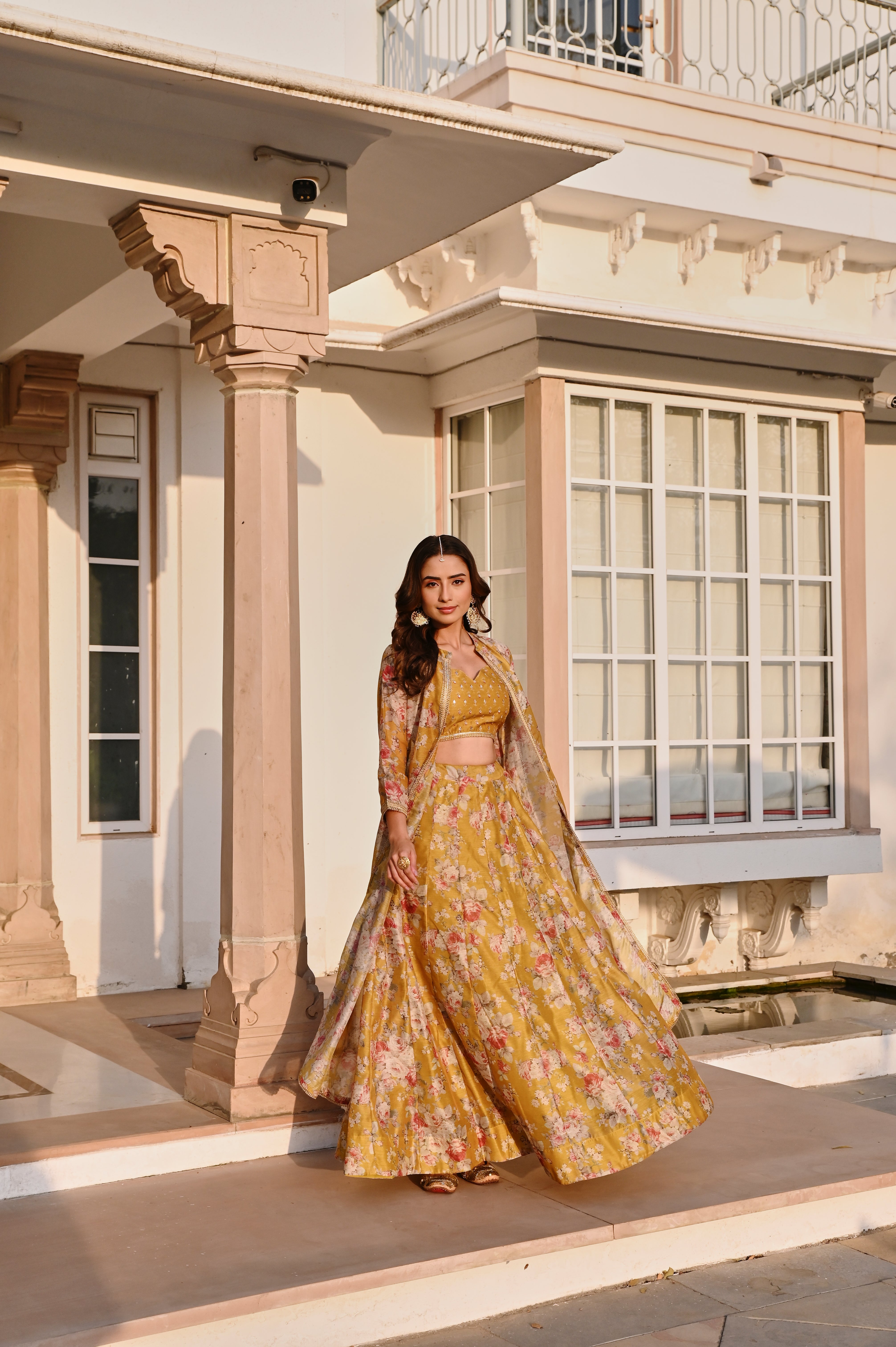 MUSTARD PRINTED EMBROIDERED SKIRT SET WITH JACKET