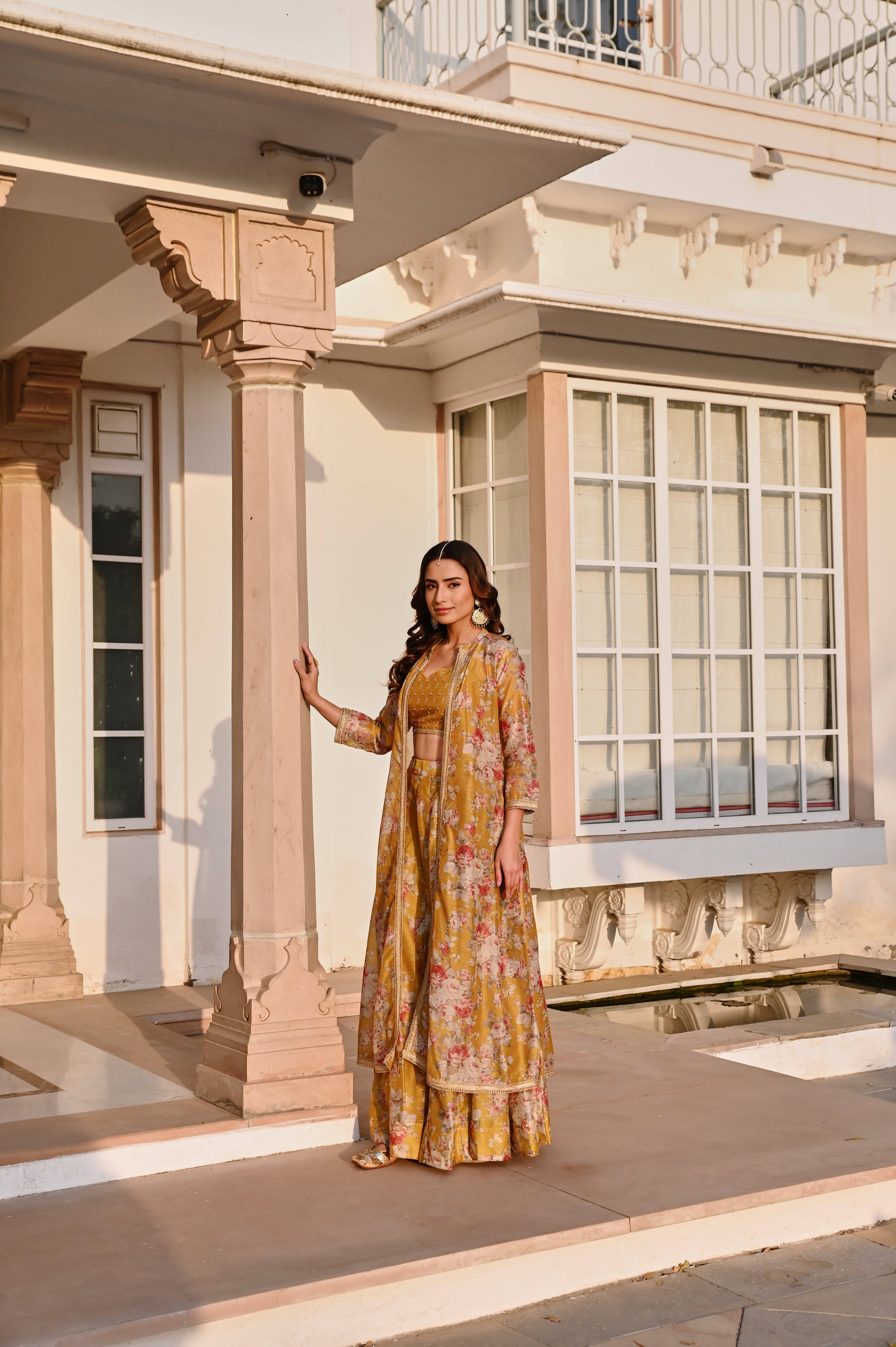 MUSTARD PRINTED EMBROIDERED SKIRT SET WITH JACKET