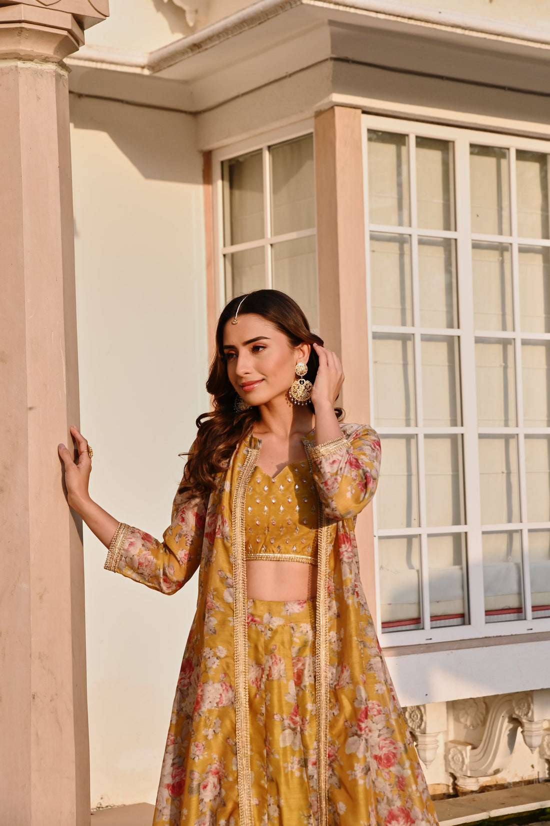 MUSTARD PRINTED EMBROIDERED SKIRT SET WITH JACKET