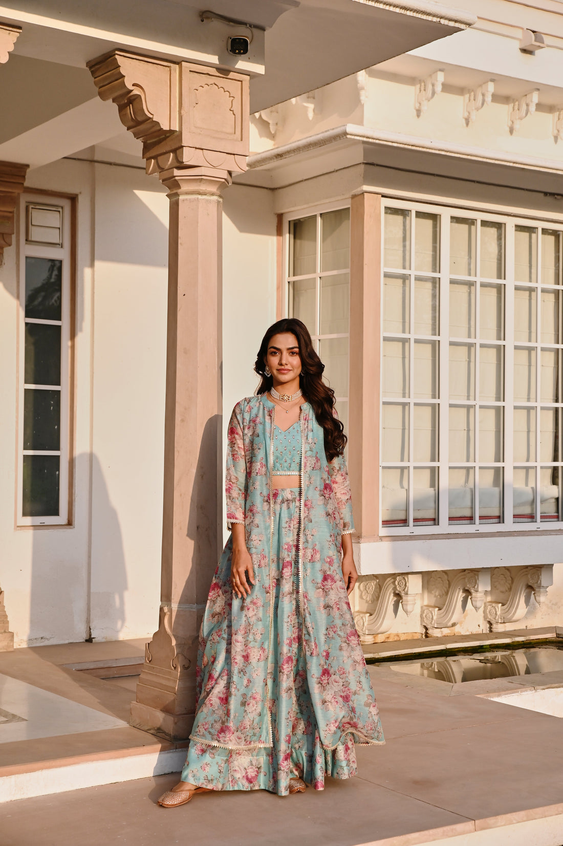 ICE BLUE EMBROIDERED SKIRT SET WITH JACKET