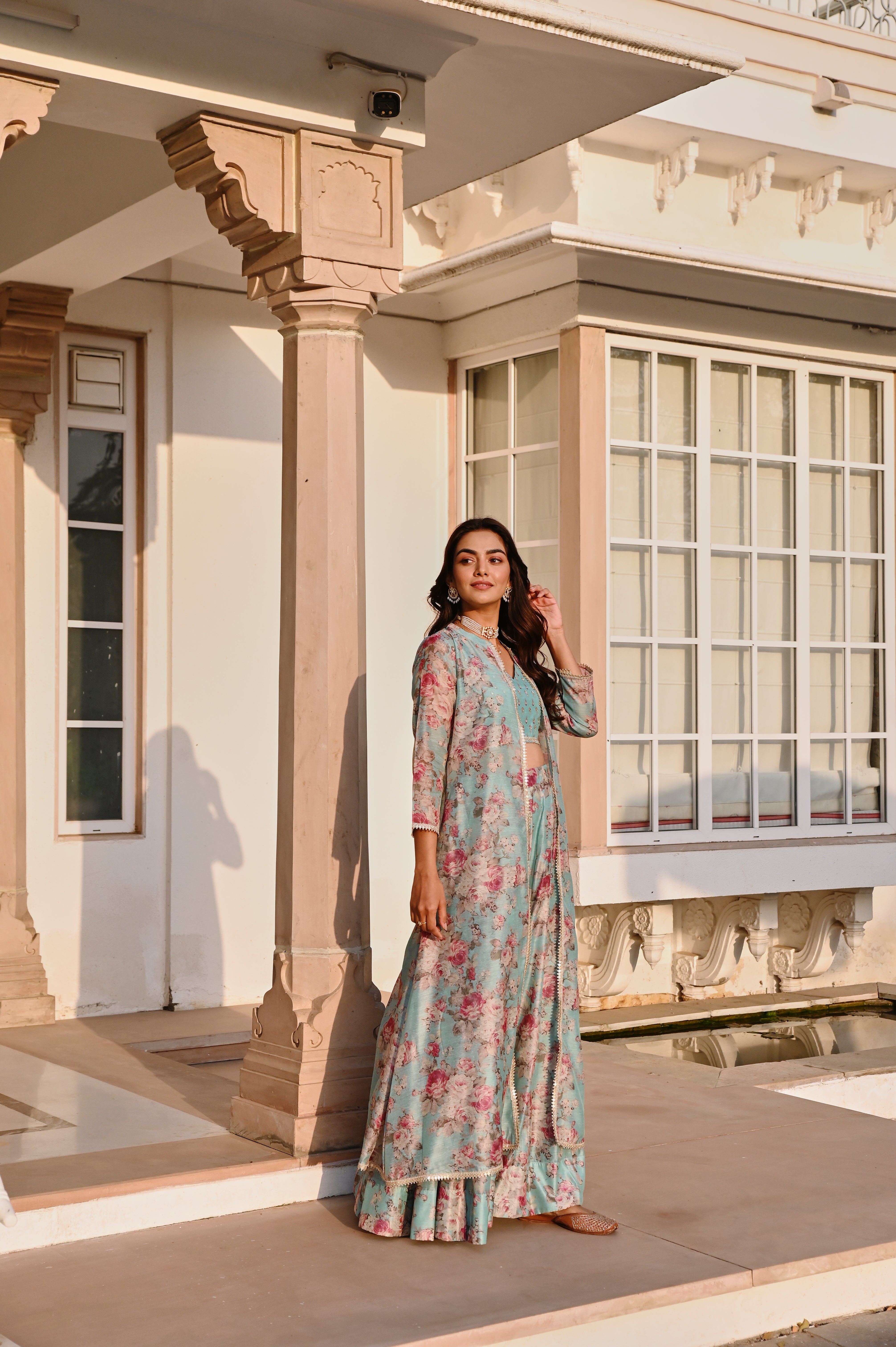 ICE BLUE EMBROIDERED SKIRT SET WITH JACKET