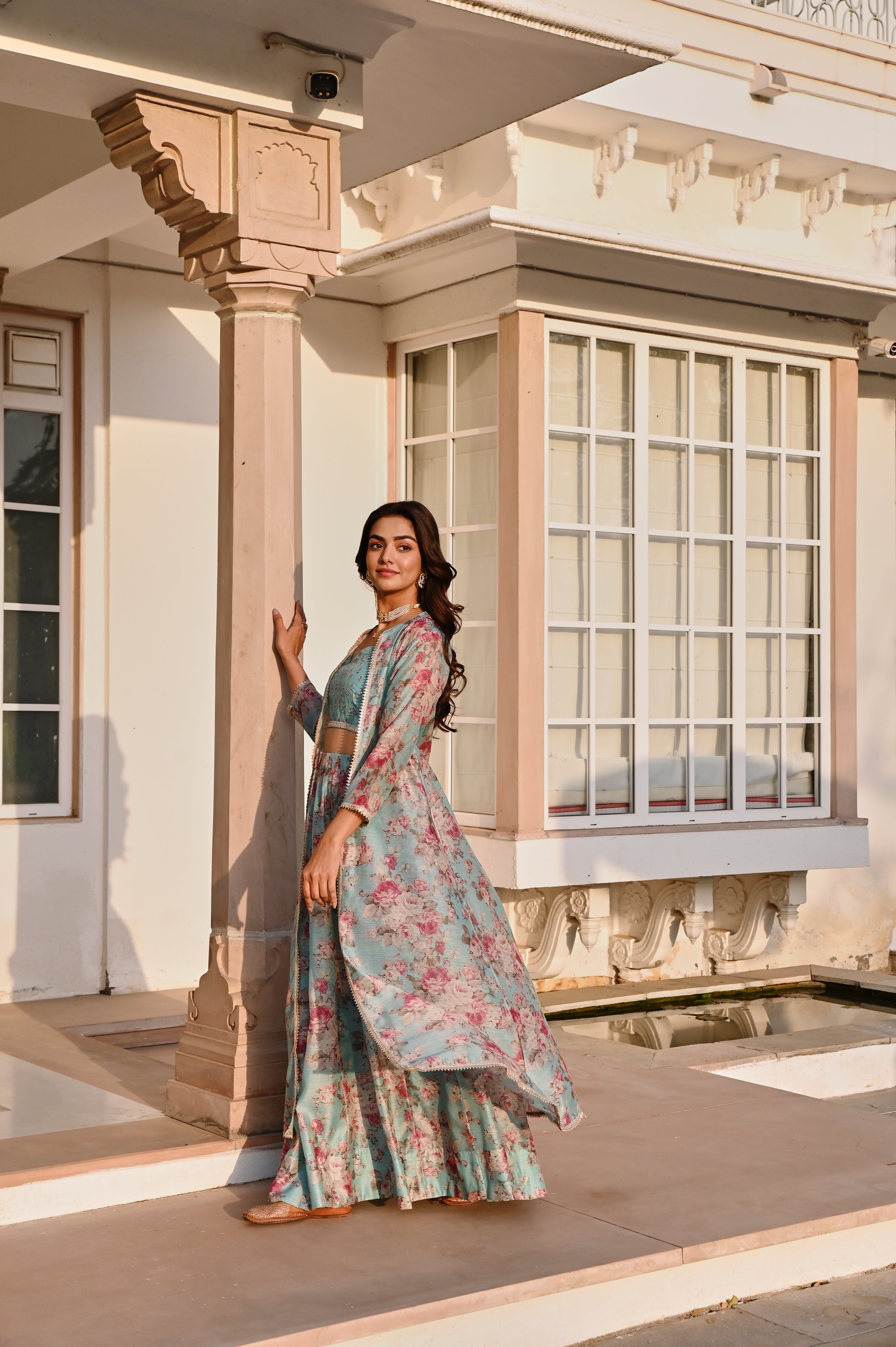 ICE BLUE EMBROIDERED SKIRT SET WITH JACKET