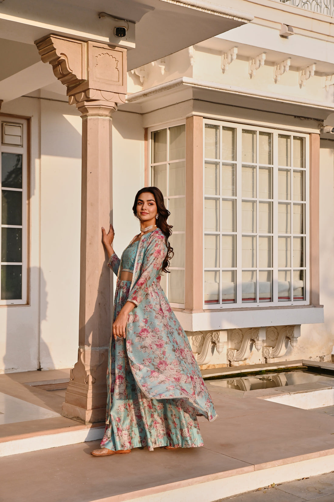 ICE BLUE EMBROIDERED SKIRT SET WITH JACKET