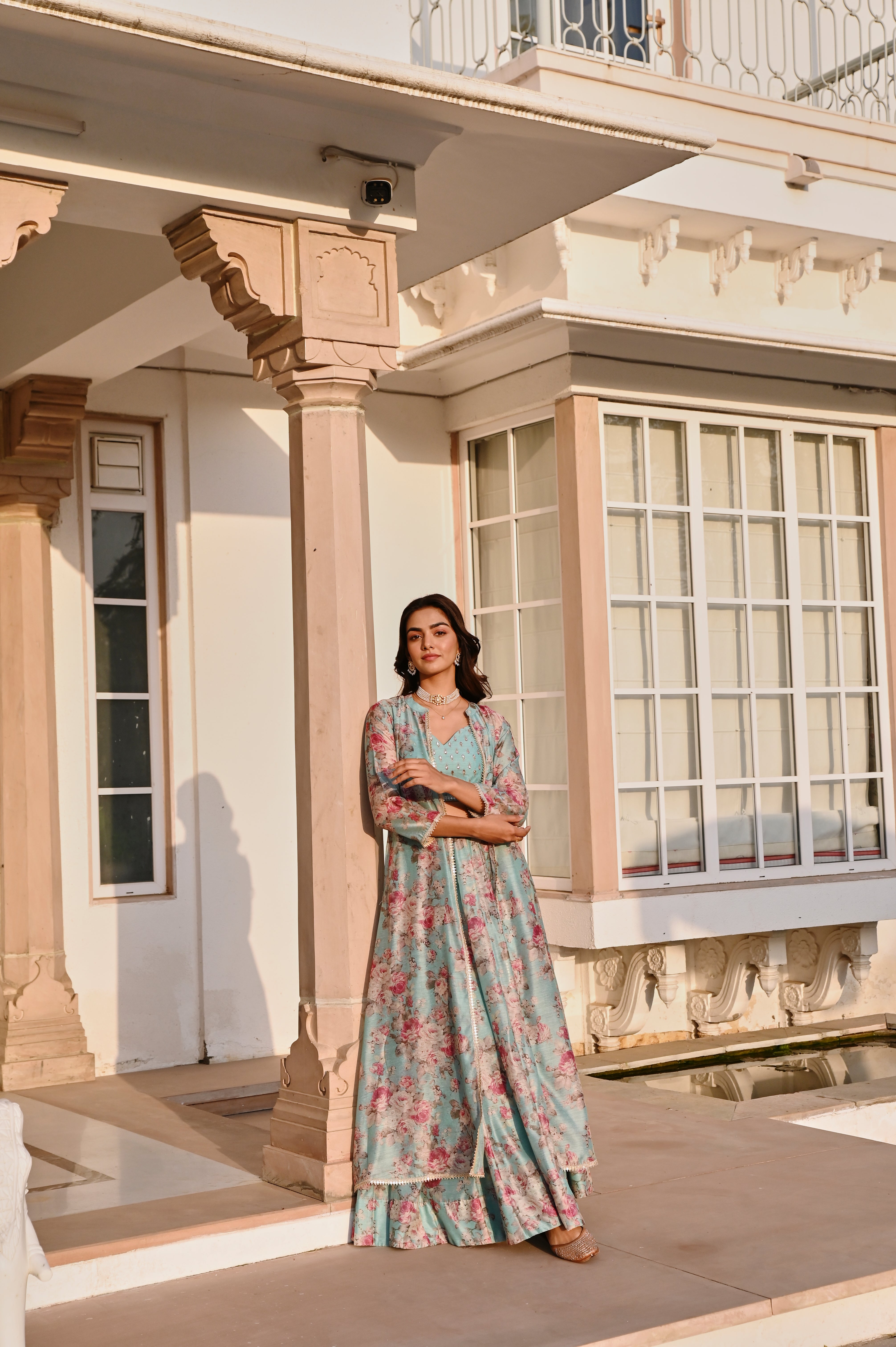 ICE BLUE EMBROIDERED SKIRT SET WITH JACKET