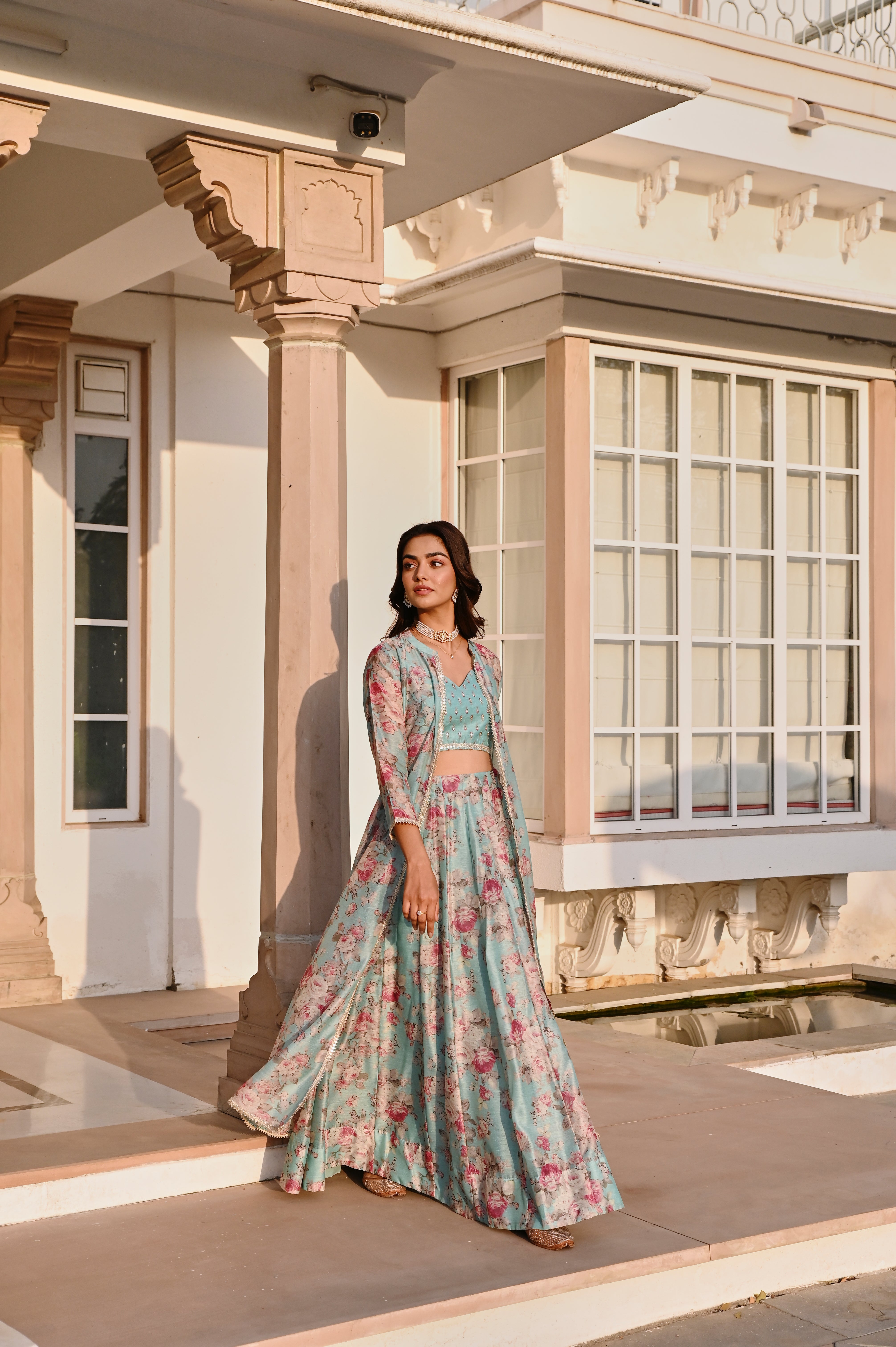 ICE BLUE EMBROIDERED SKIRT SET WITH JACKET