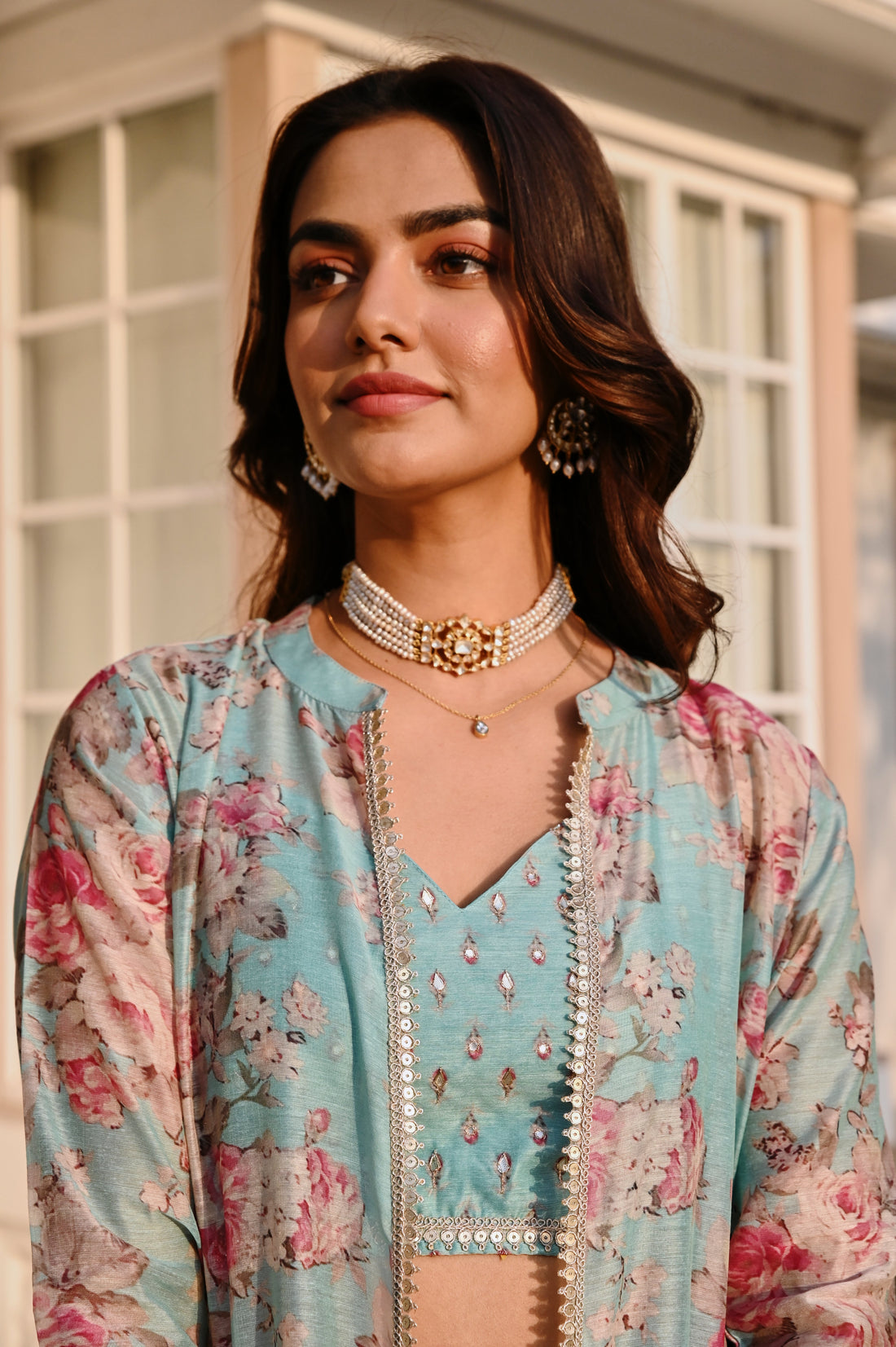 ICE BLUE EMBROIDERED SKIRT SET WITH JACKET