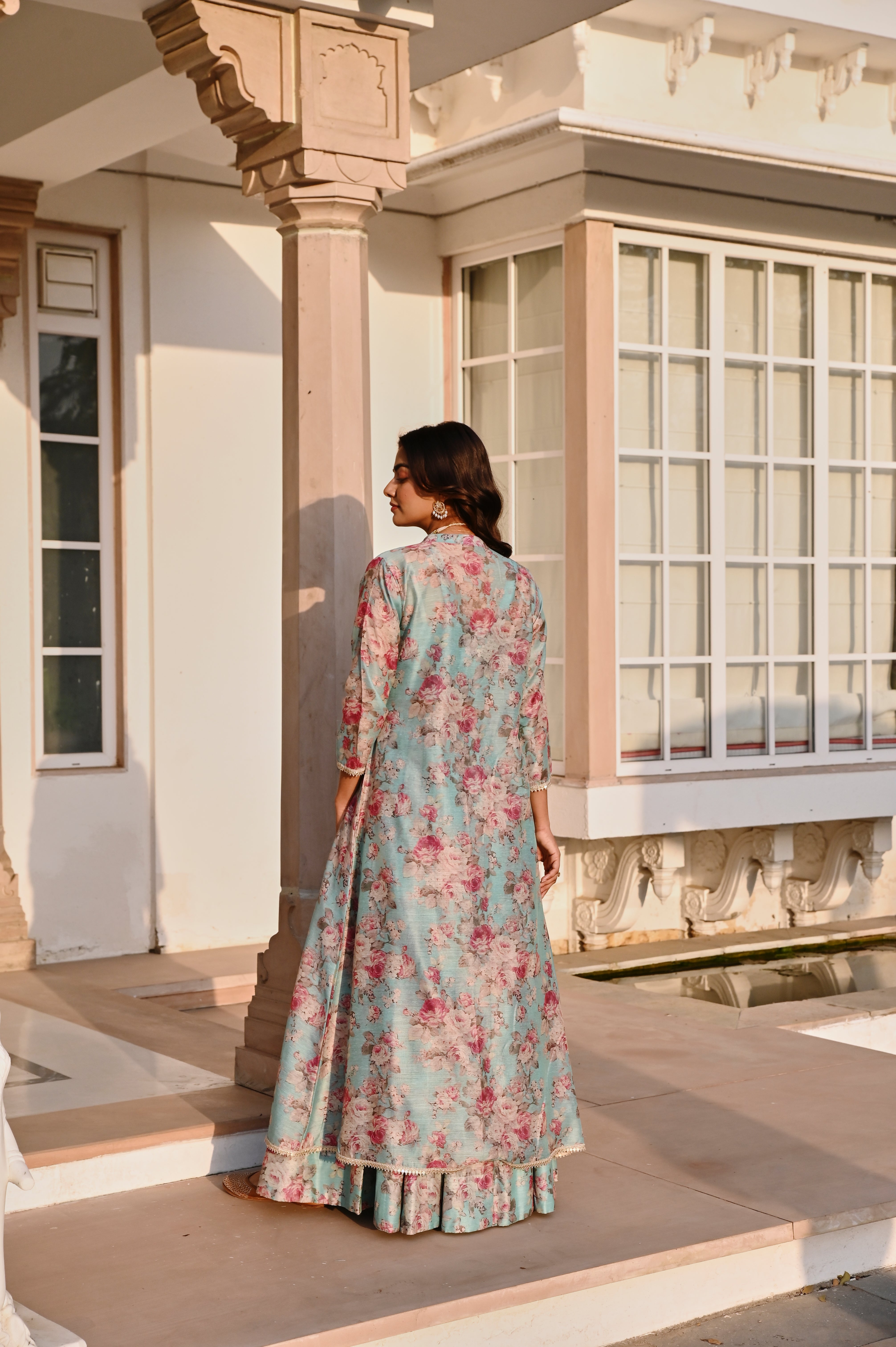 ICE BLUE EMBROIDERED SKIRT SET WITH JACKET