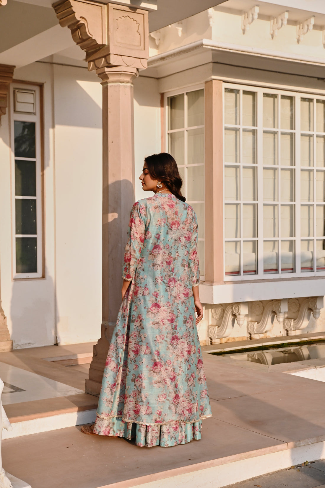 ICE BLUE EMBROIDERED SKIRT SET WITH JACKET