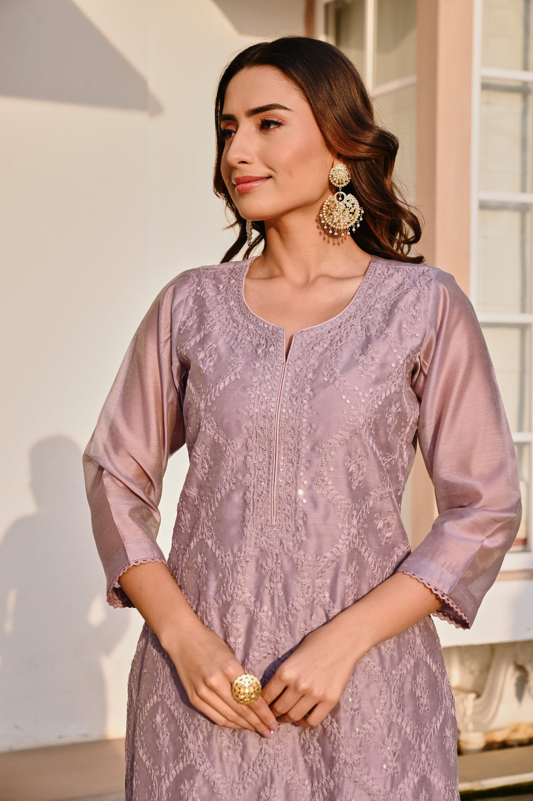 PURPLE CHIKANKARI EMBROIDERED CHANDERI KURTA SET