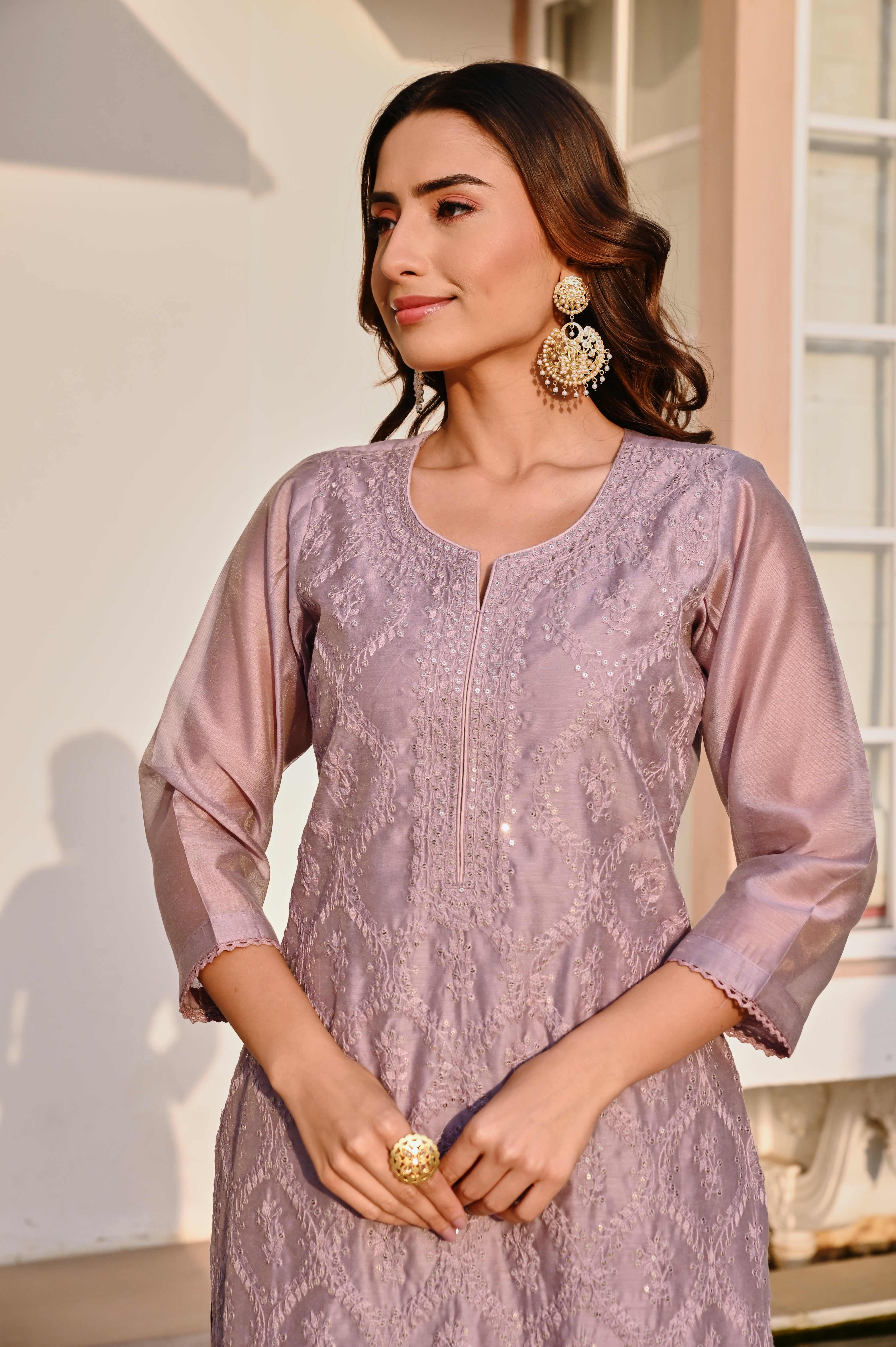 PURPLE CHIKANKARI EMBROIDERED CHANDERI KURTA SET
