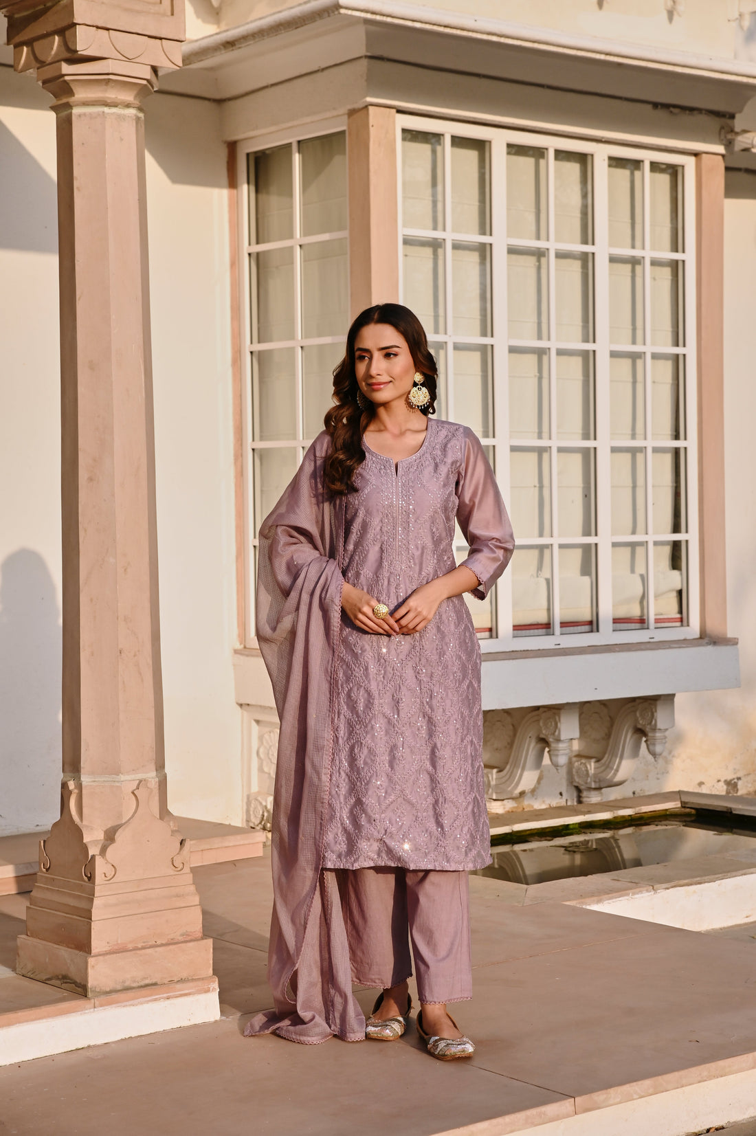PURPLE CHIKANKARI EMBROIDERED CHANDERI KURTA SET