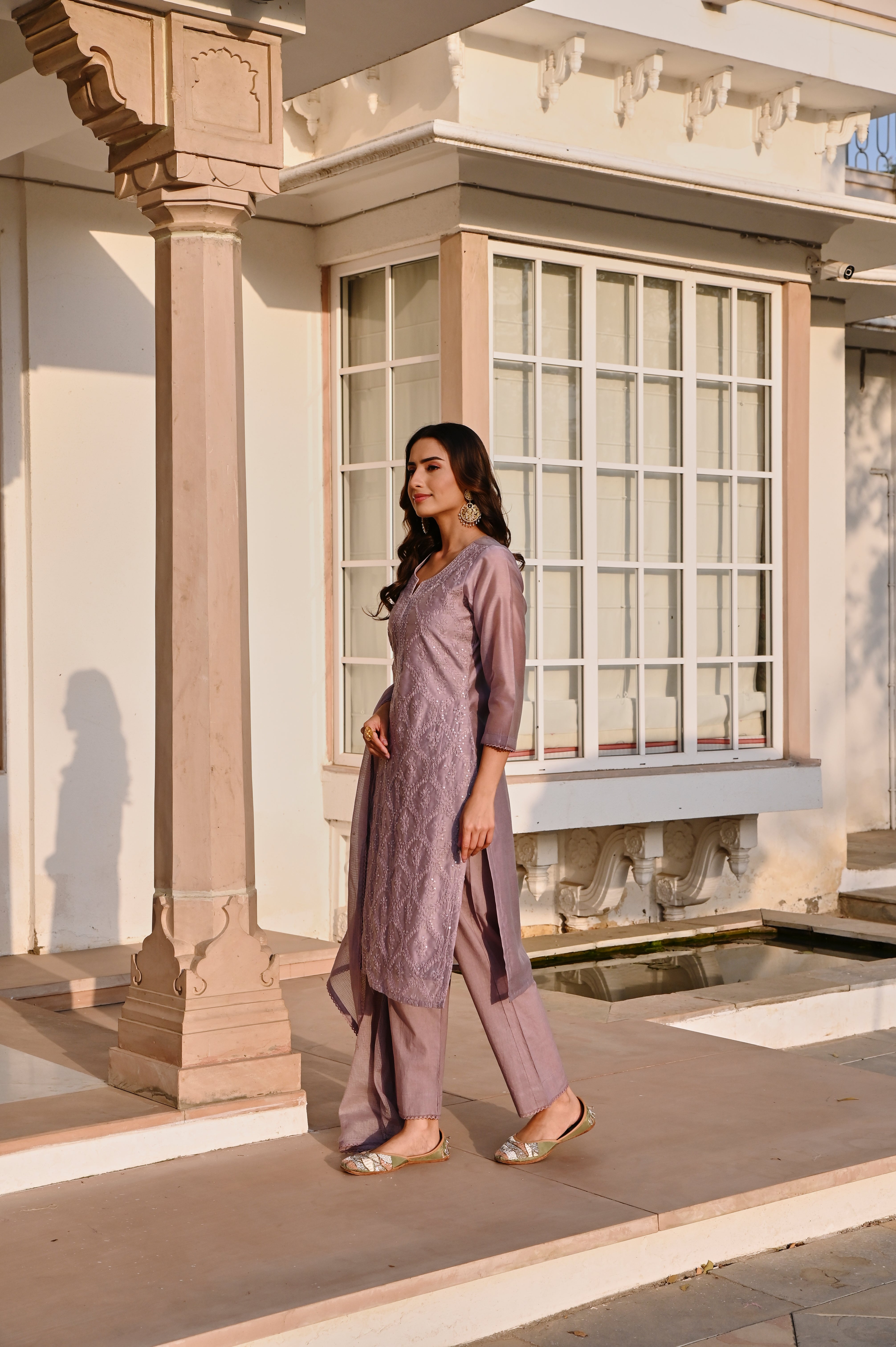 PURPLE CHIKANKARI EMBROIDERED CHANDERI KURTA SET