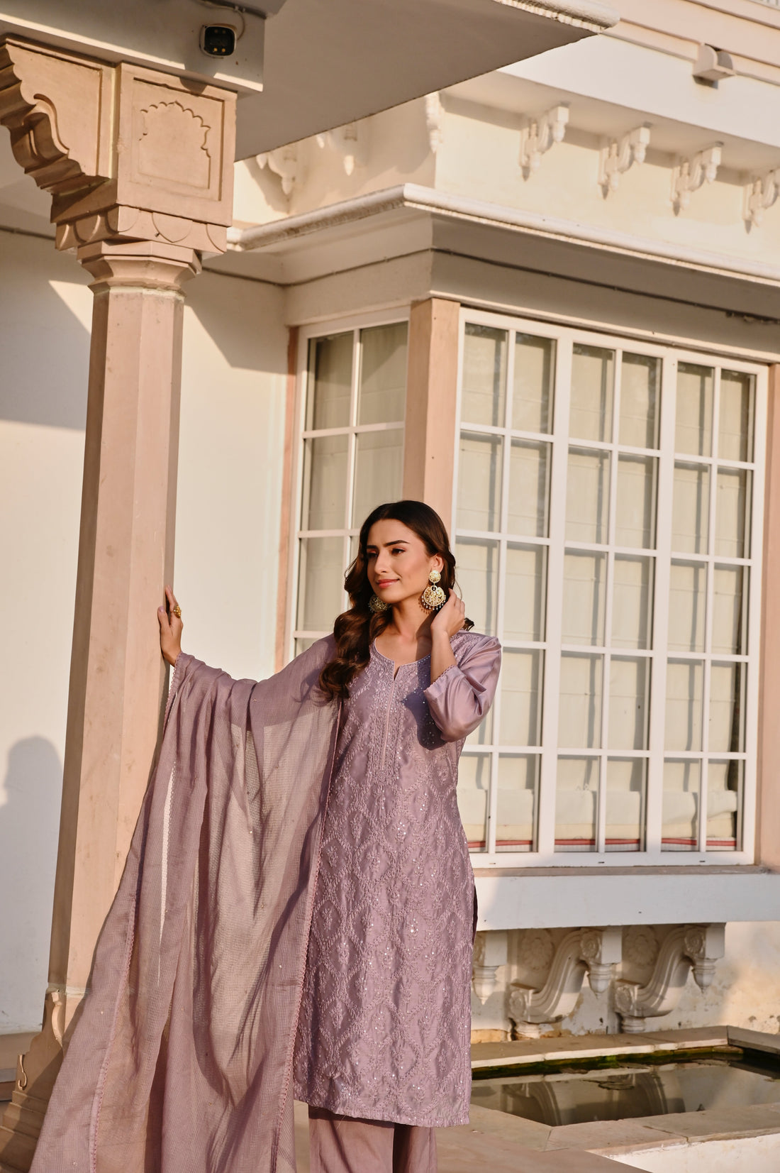 PURPLE CHIKANKARI EMBROIDERED CHANDERI KURTA SET