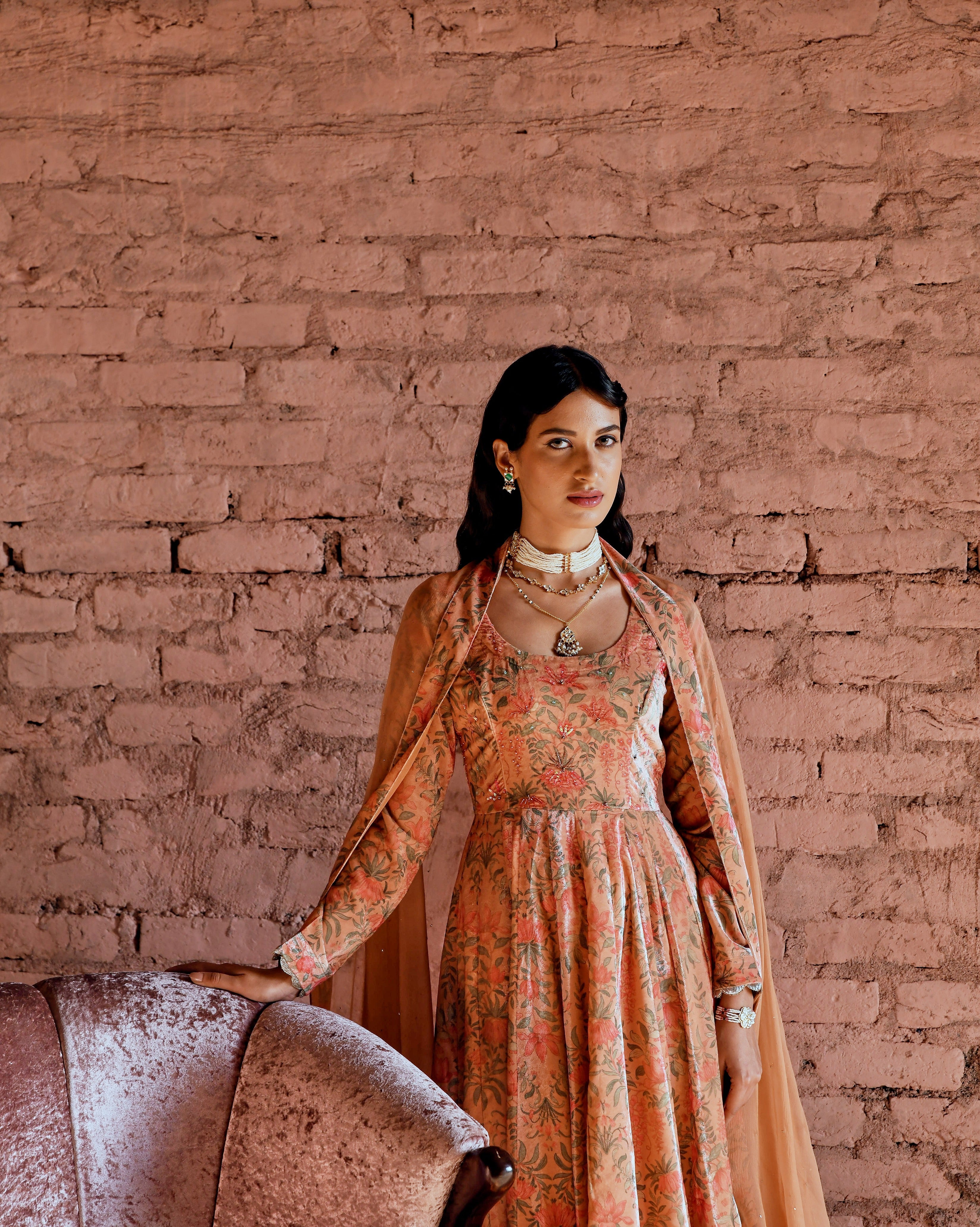 PEACH FLARED MAKHMAL ANARKALI SET