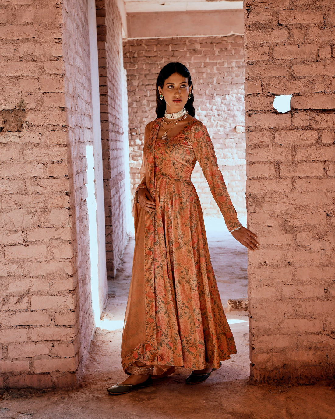 PEACH FLARED MAKHMAL ANARKALI SET