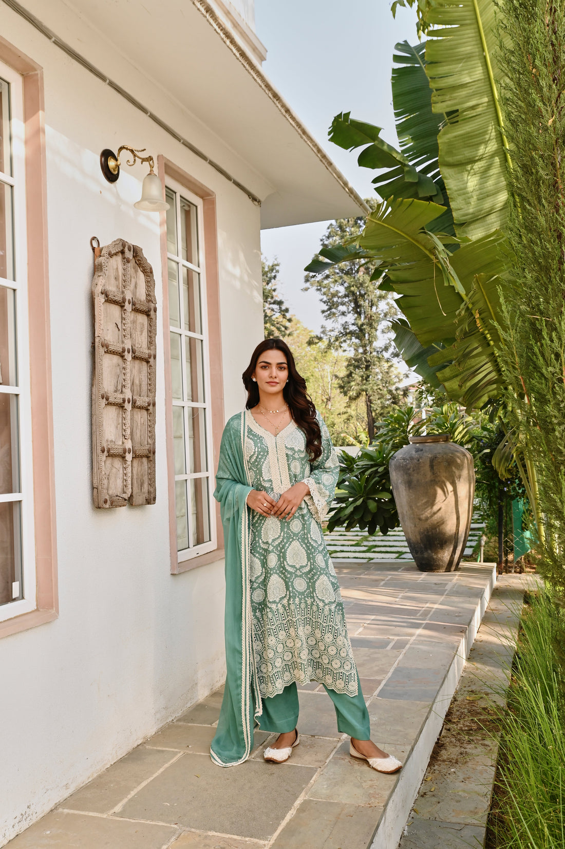 AQUA GREEN MUSLIN SCHIFFALI KURTA SET