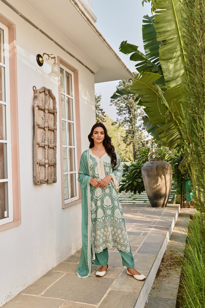 AQUA GREEN MUSLIN SCHIFFALI KURTA SET