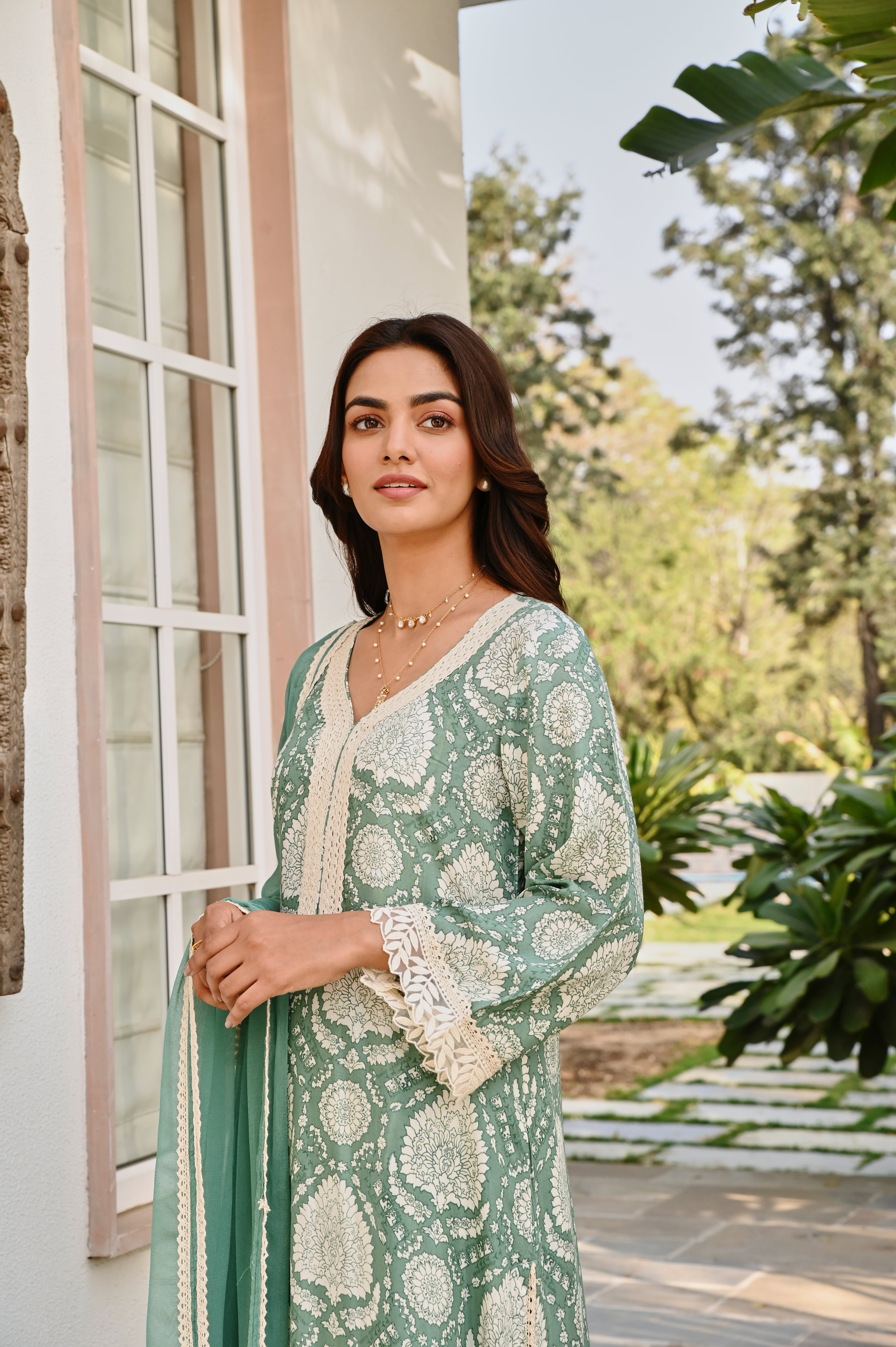 AQUA GREEN MUSLIN SCHIFFALI KURTA SET