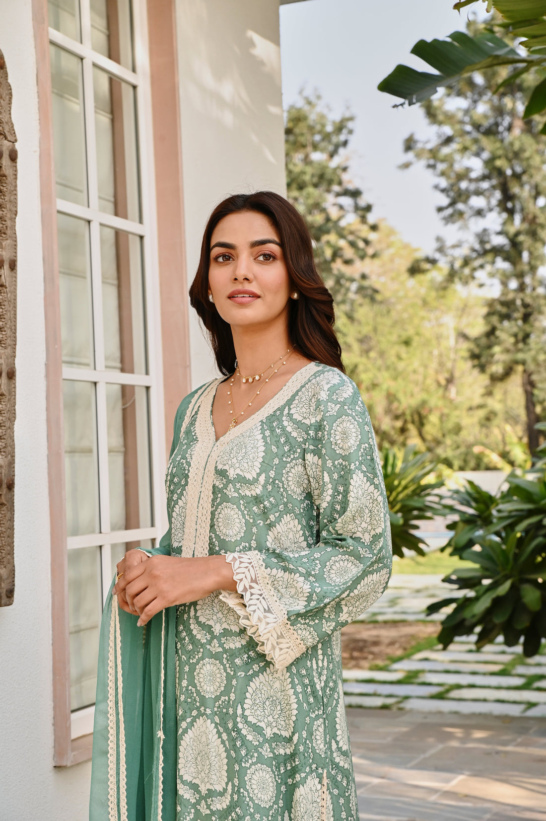 AQUA GREEN MUSLIN SCHIFFALI KURTA SET