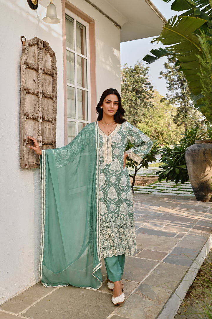 AQUA GREEN MUSLIN SCHIFFALI KURTA SET