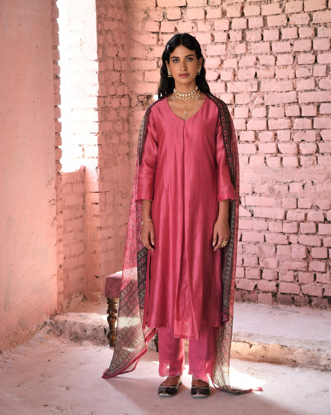 PINK CHANDERI KURTA SET