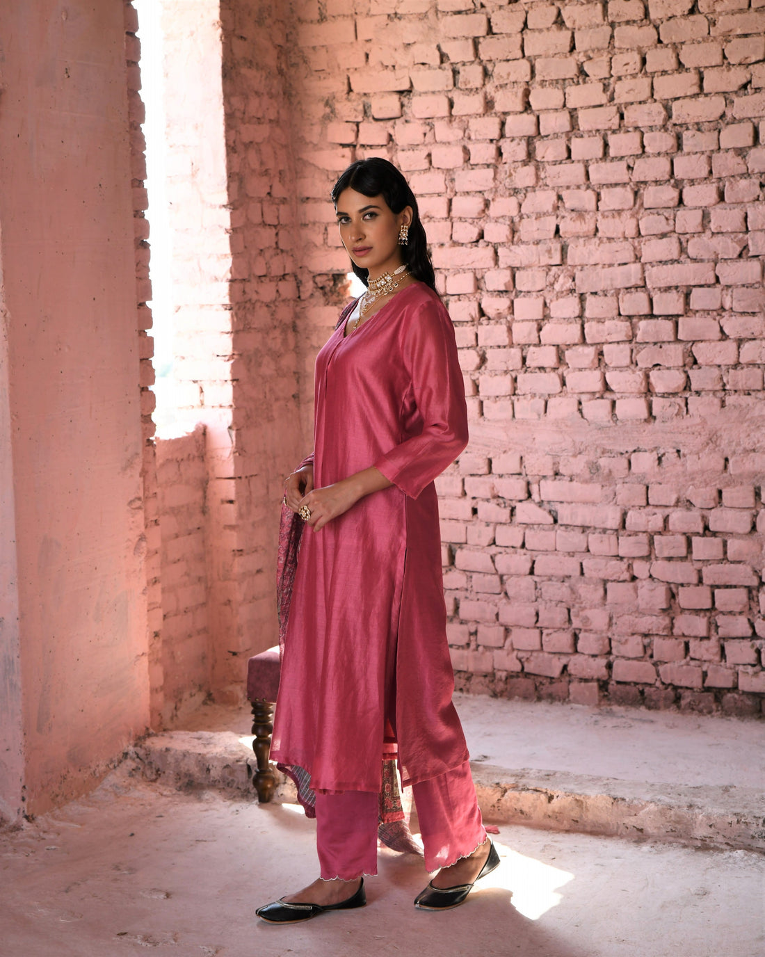 PINK CHANDERI KURTA SET