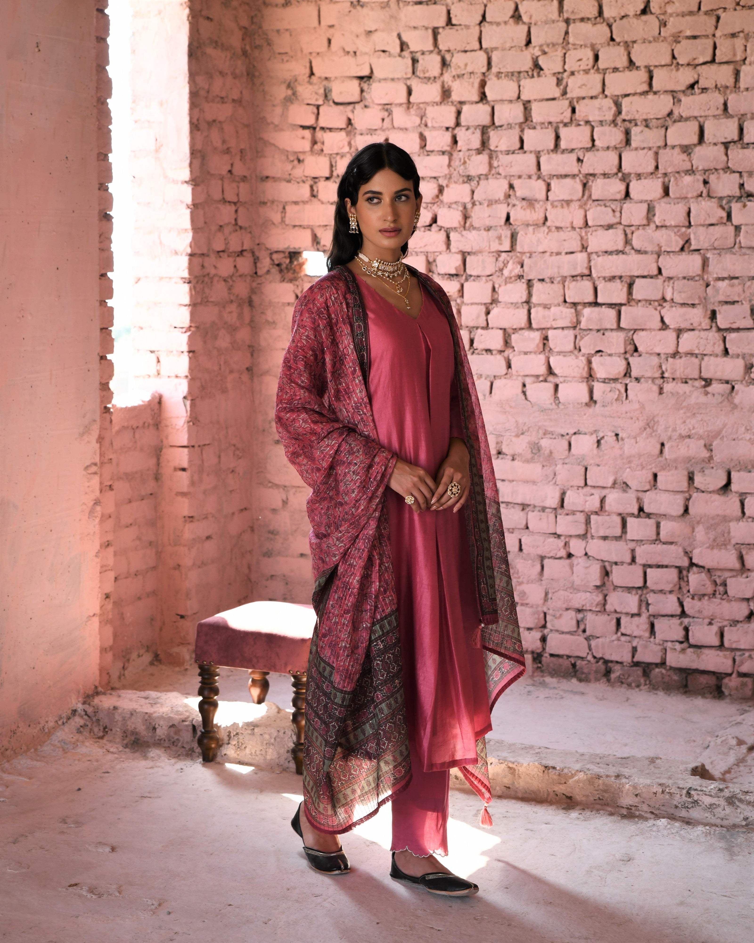 PINK CHANDERI KURTA SET