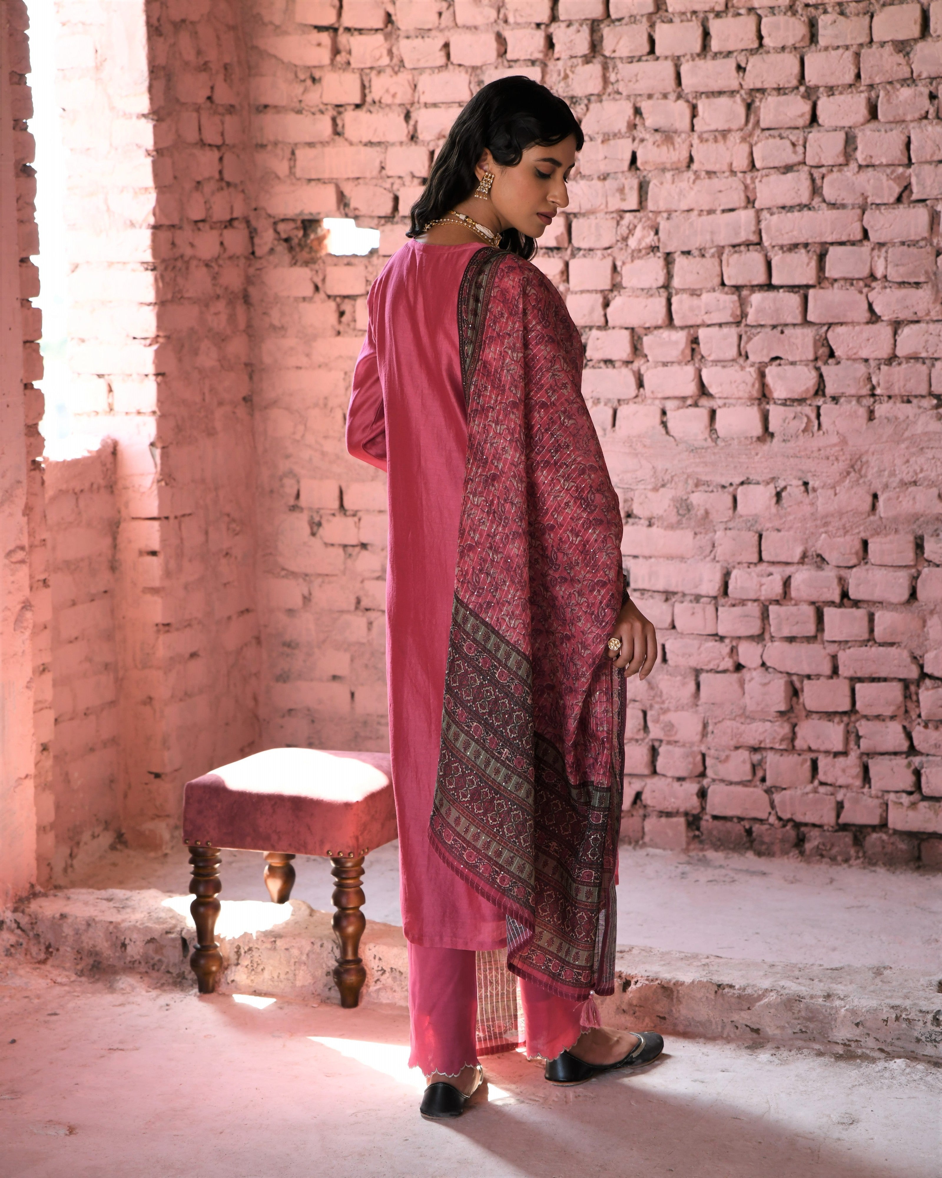 PINK CHANDERI KURTA SET