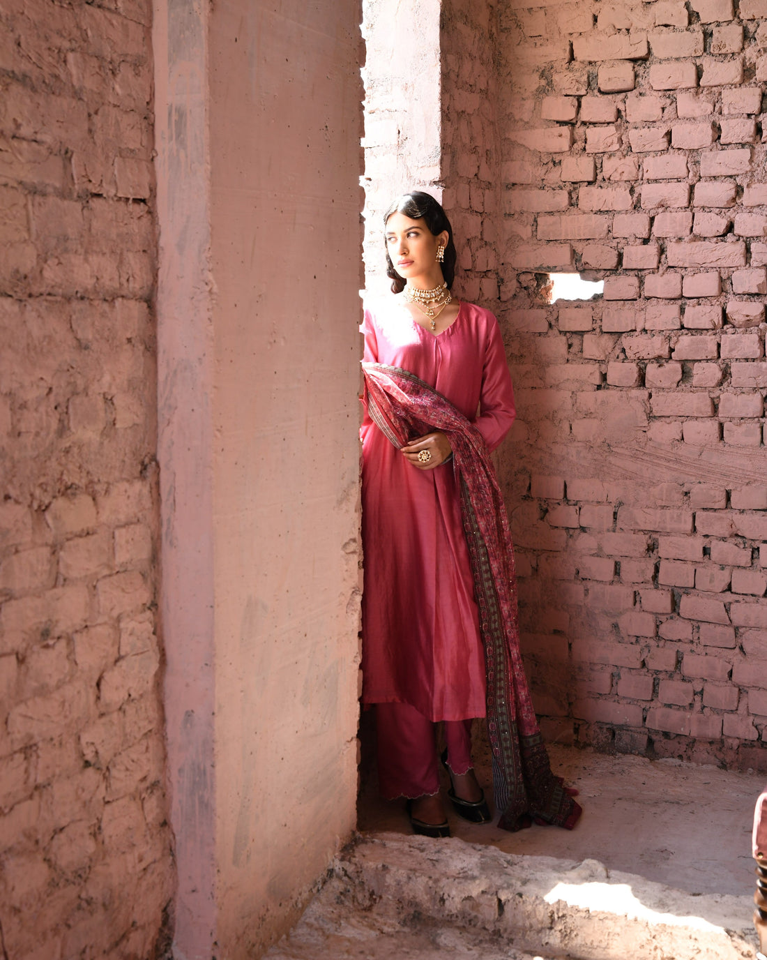 PINK CHANDERI KURTA SET