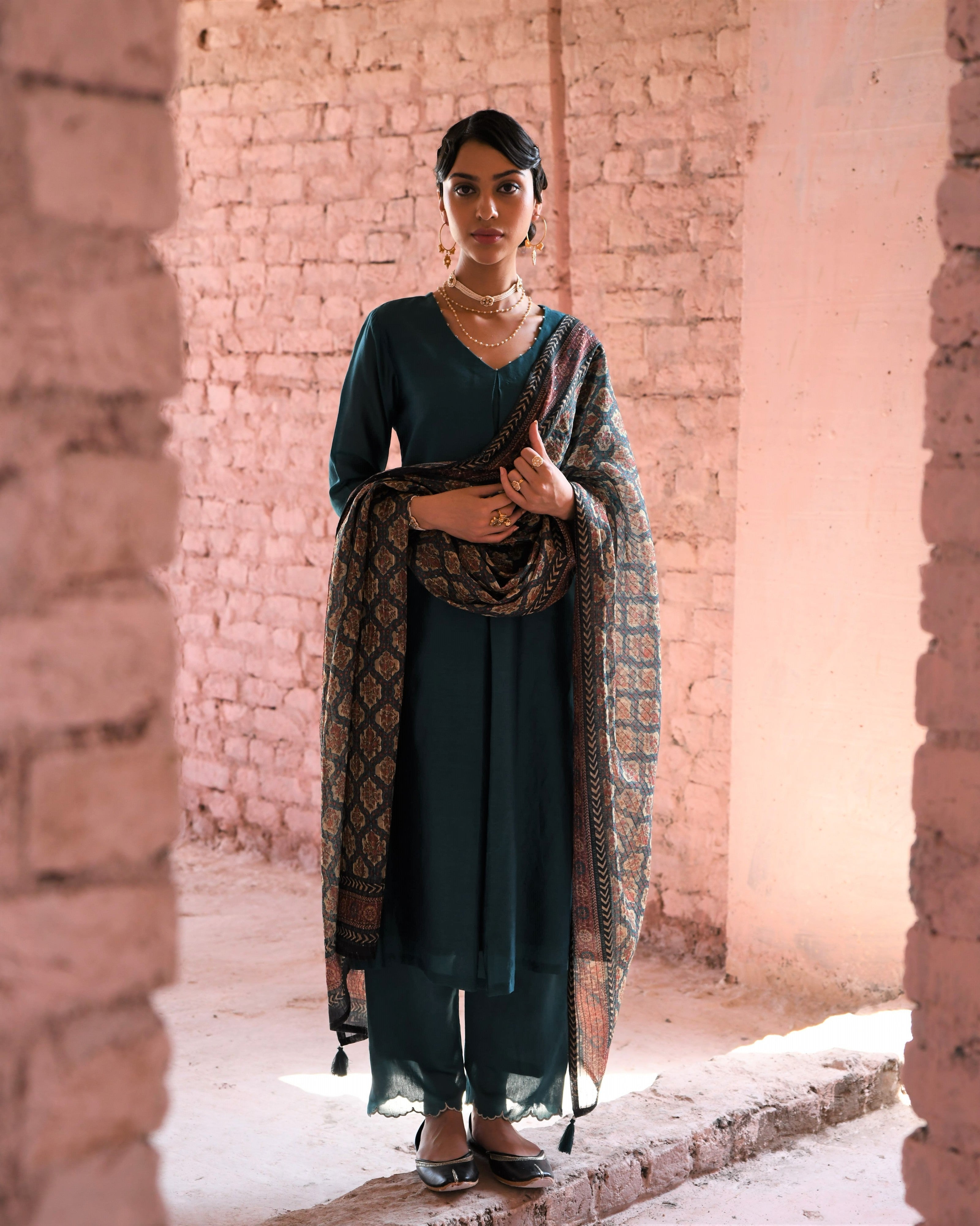 TEAL BLUE CHANDERI KURTA SET