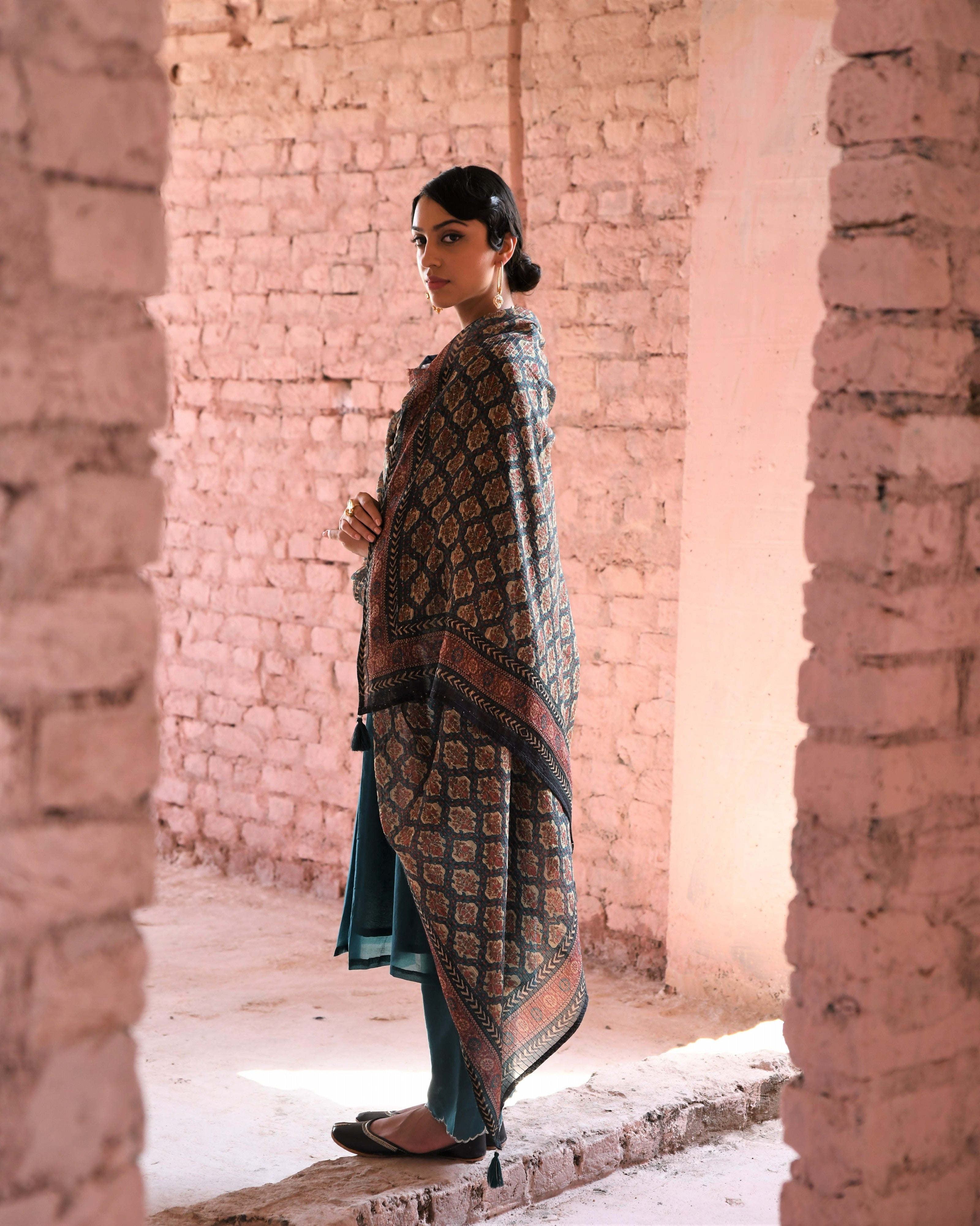TEAL BLUE CHANDERI KURTA SET