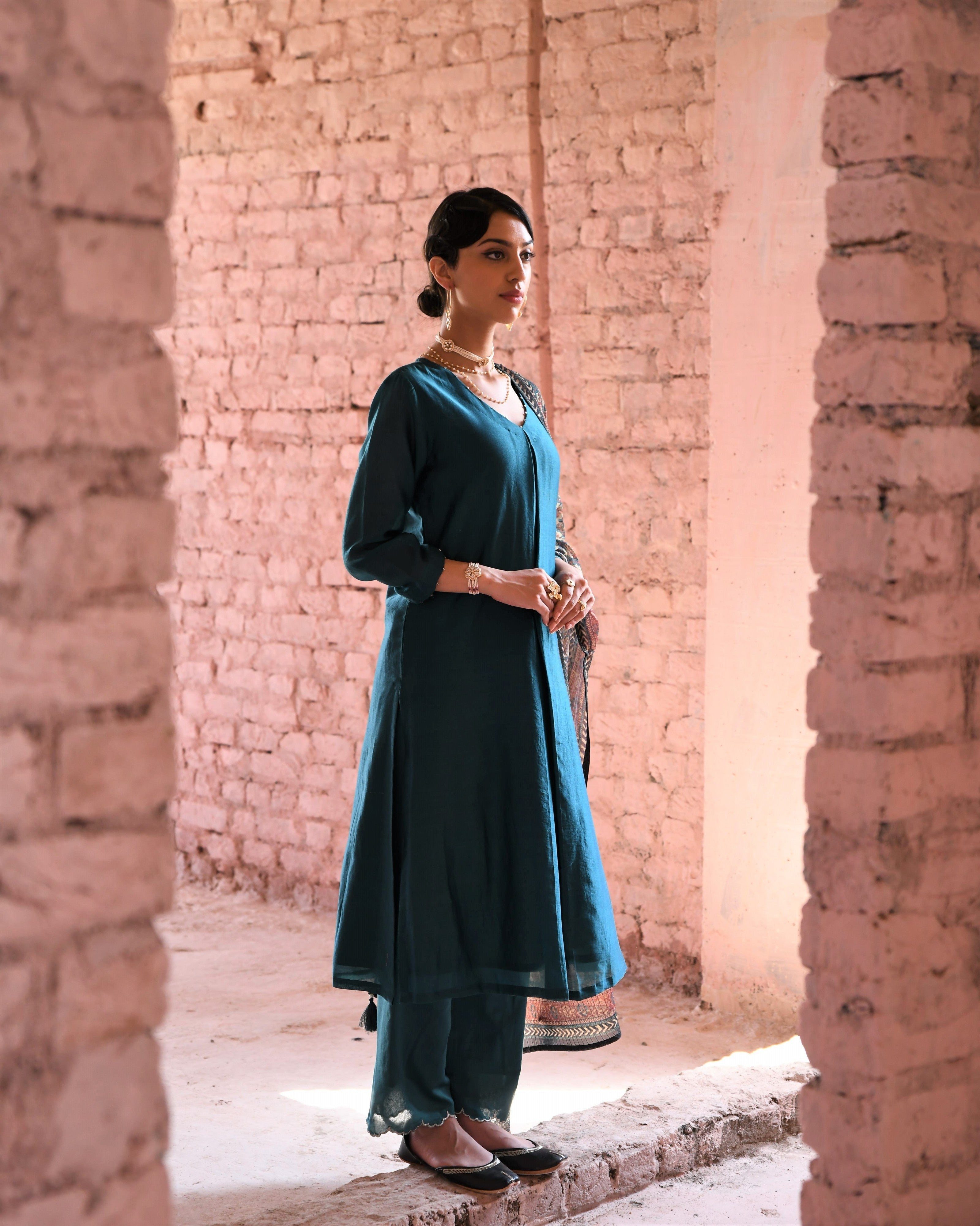 TEAL BLUE CHANDERI KURTA SET