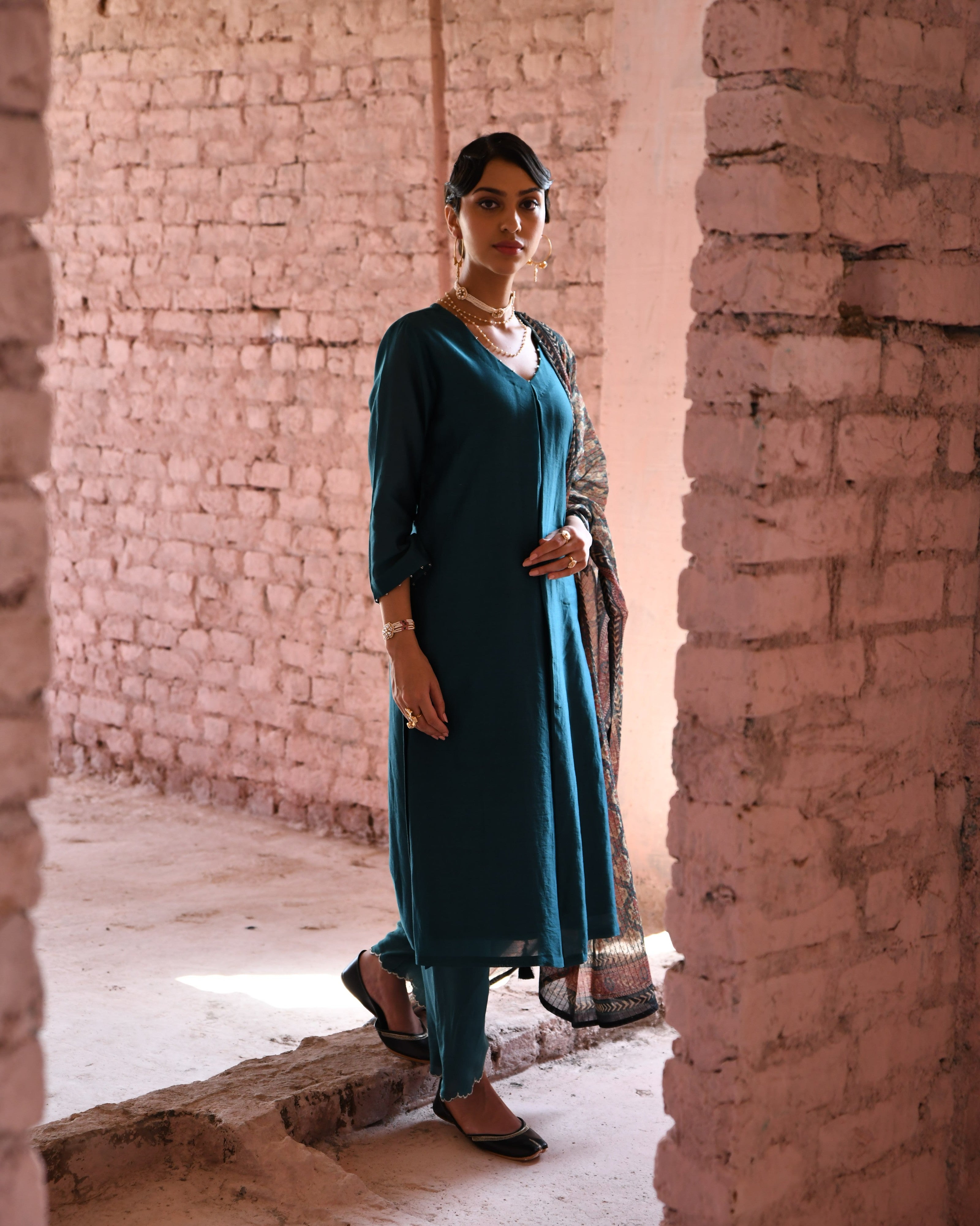 TEAL BLUE CHANDERI KURTA SET