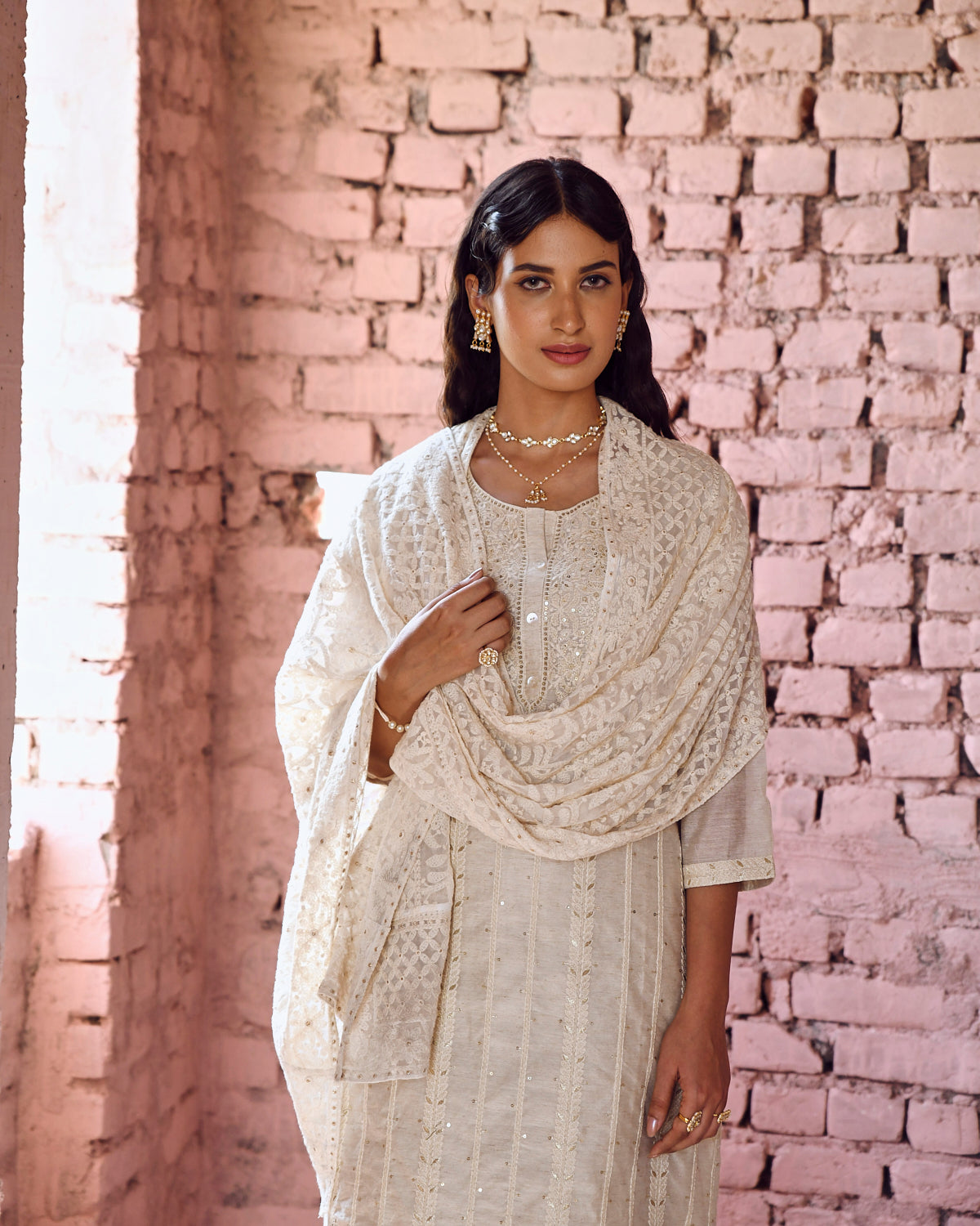 IVORY CHIKANKARI CHANDERI KURTA SET