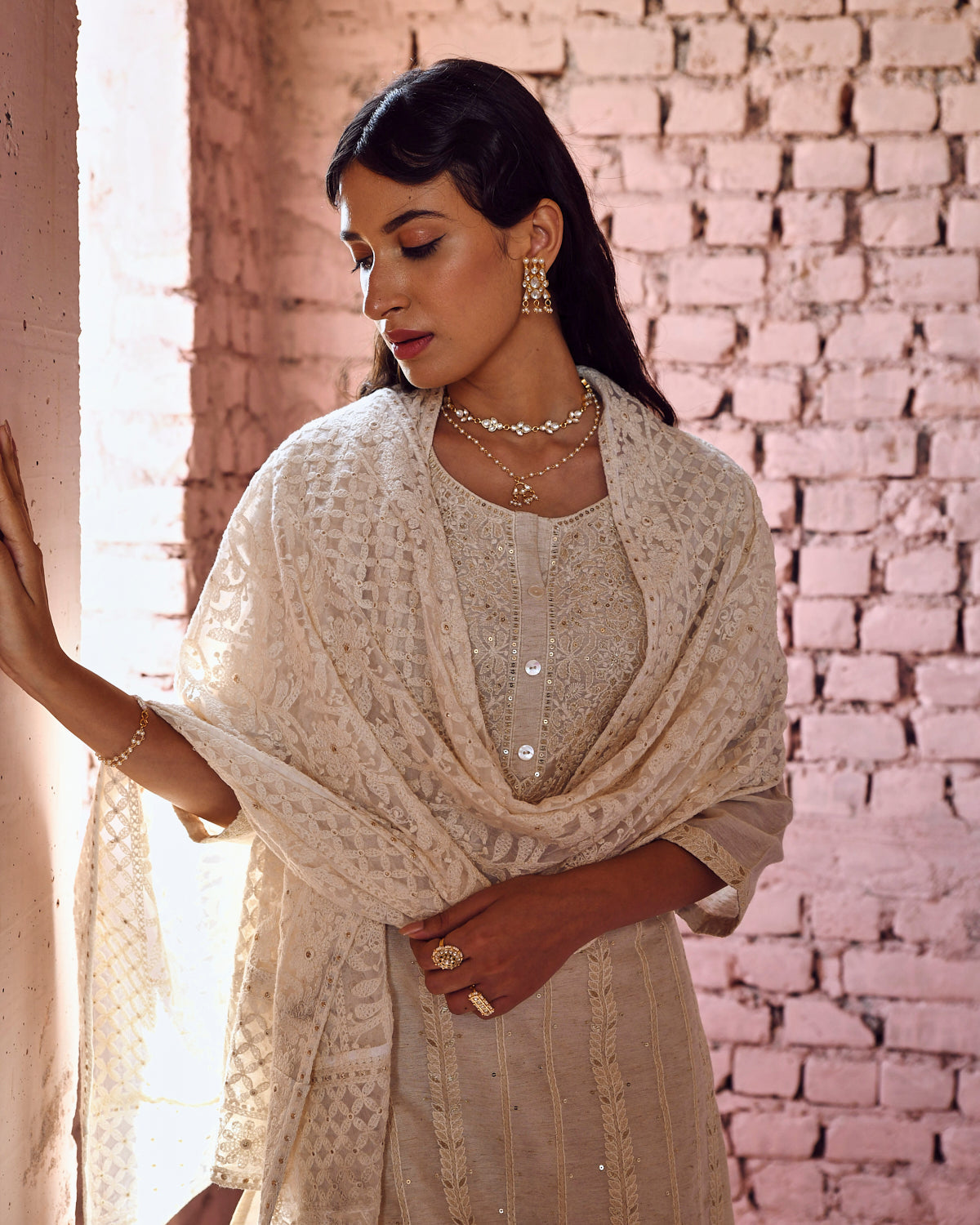 IVORY CHIKANKARI CHANDERI KURTA SET