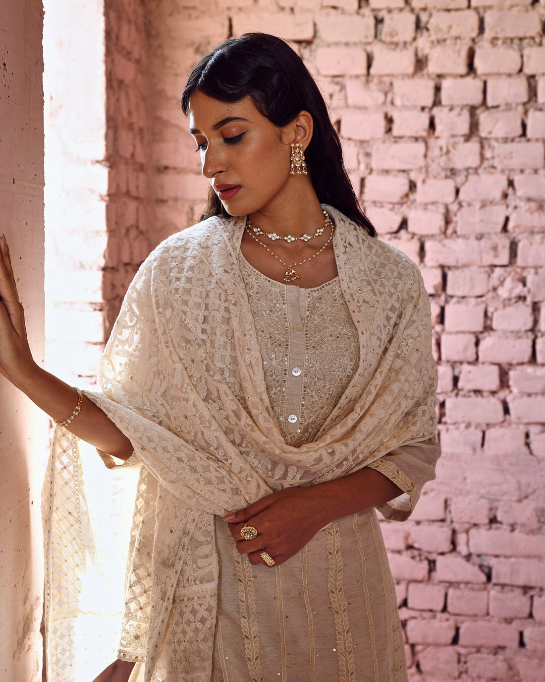IVORY CHIKANKARI CHANDERI KURTA SET