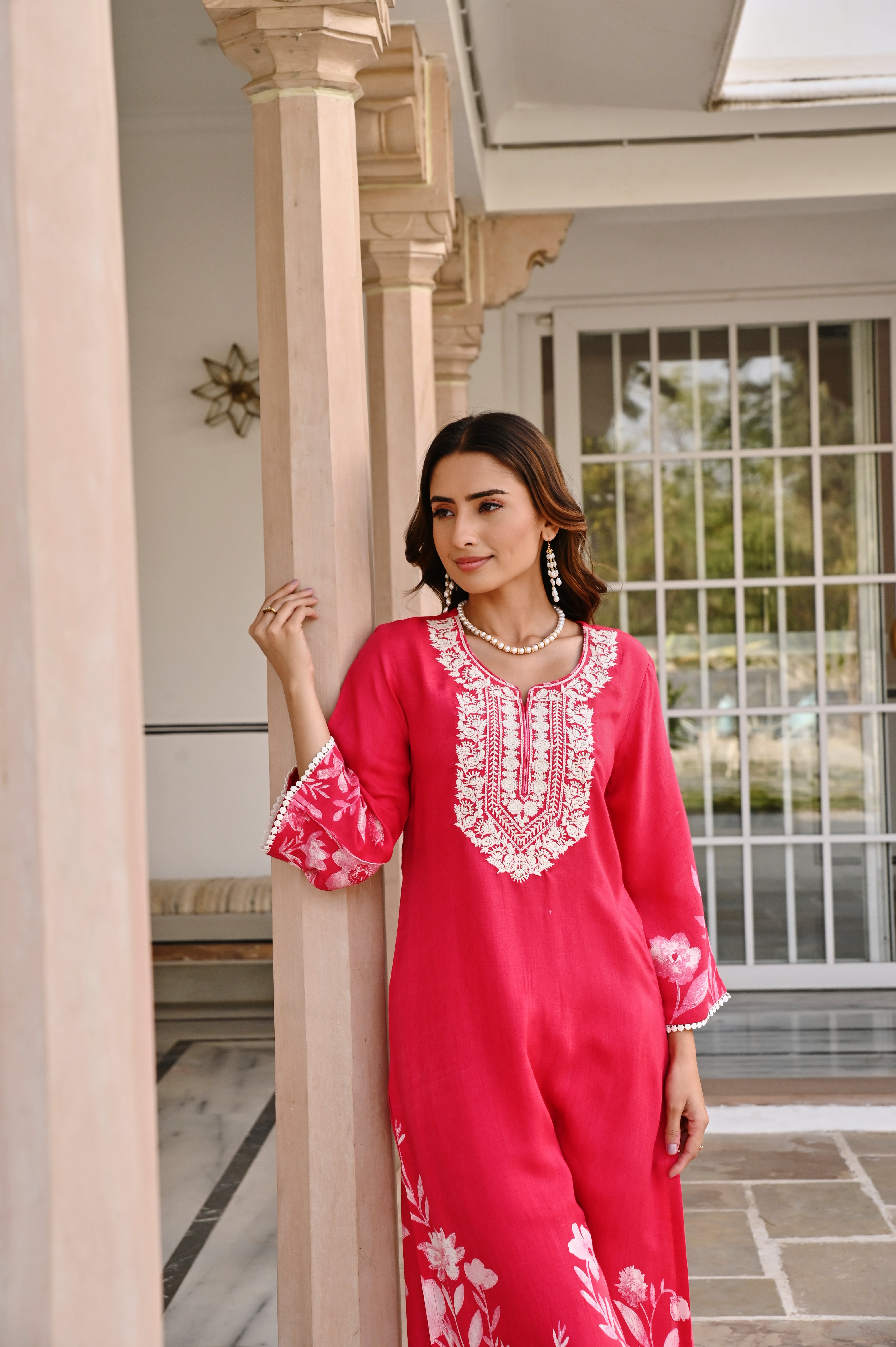 RED FLORAL MUSLIN KURTA SET