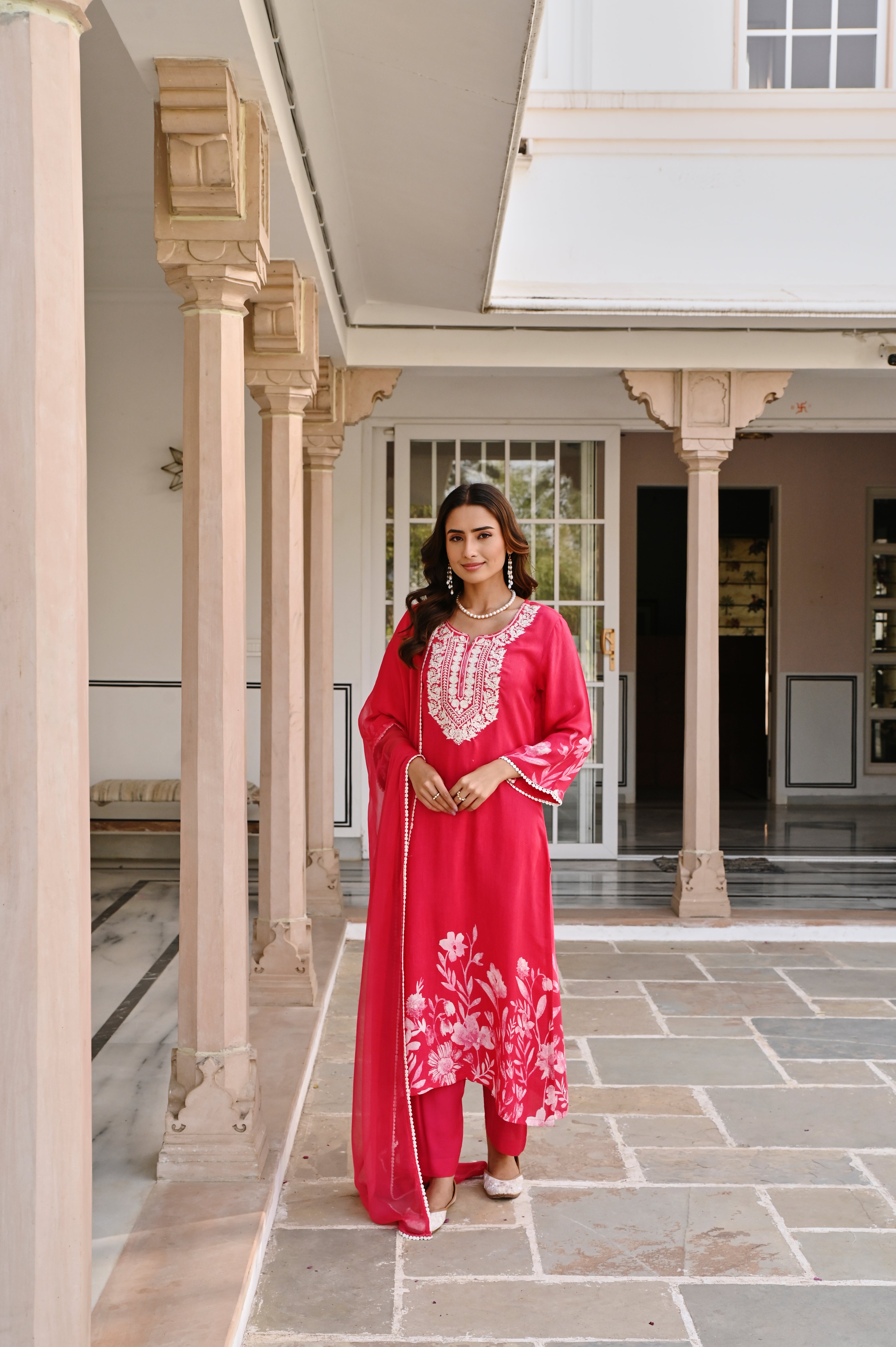 RED FLORAL MUSLIN KURTA SET