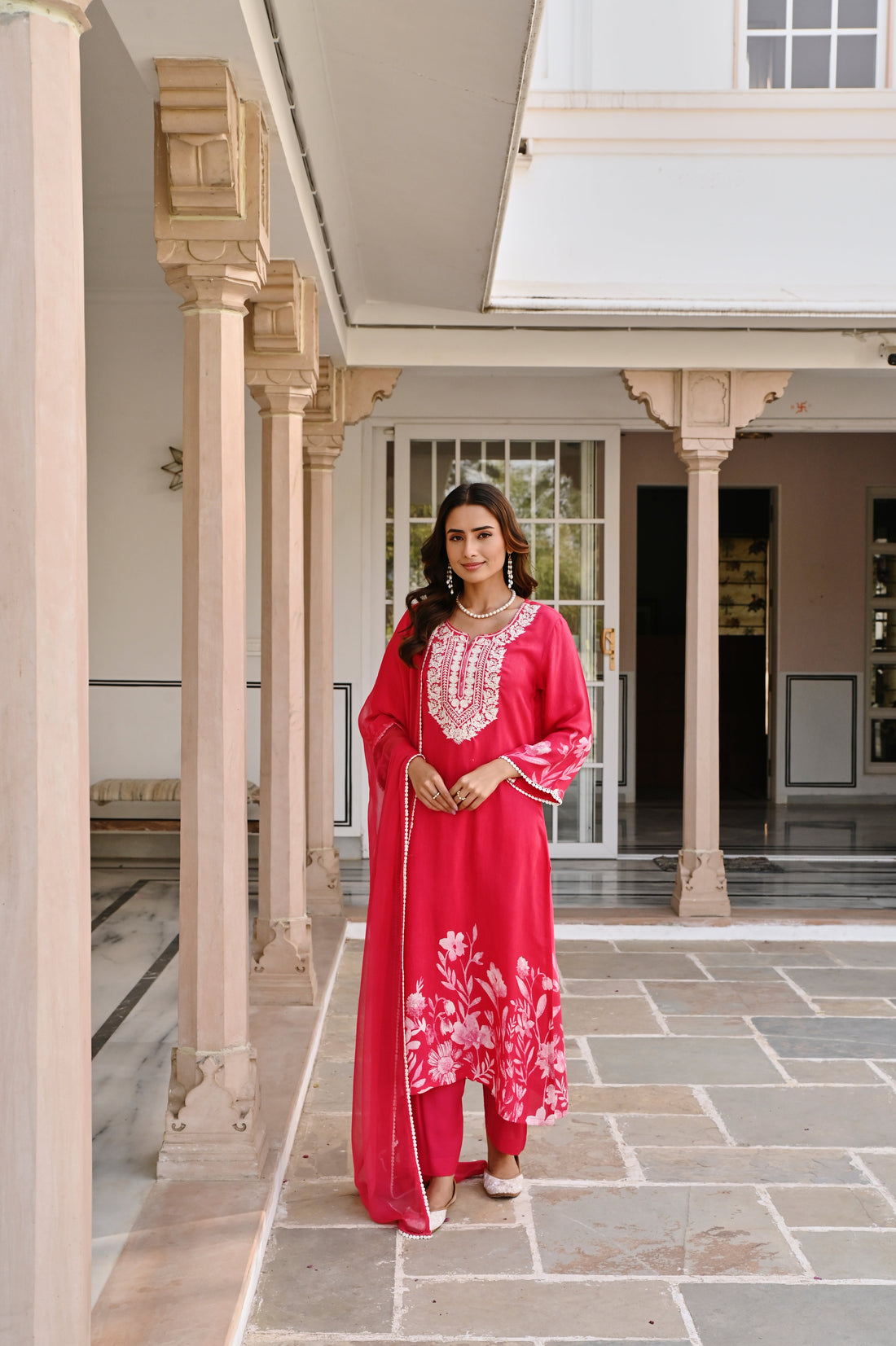 RED FLORAL MUSLIN KURTA SET
