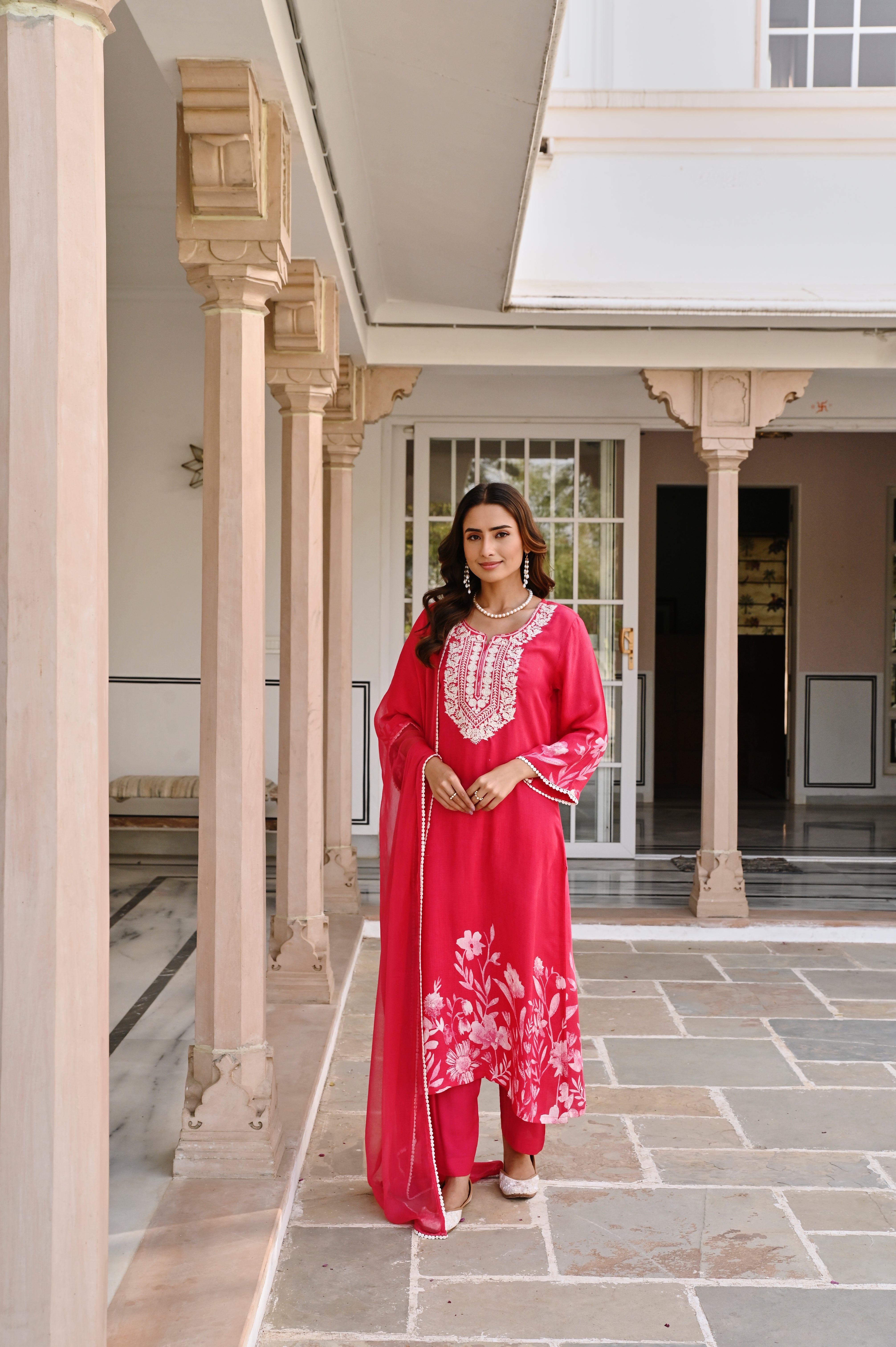 RED FLORAL MUSLIN KURTA SET