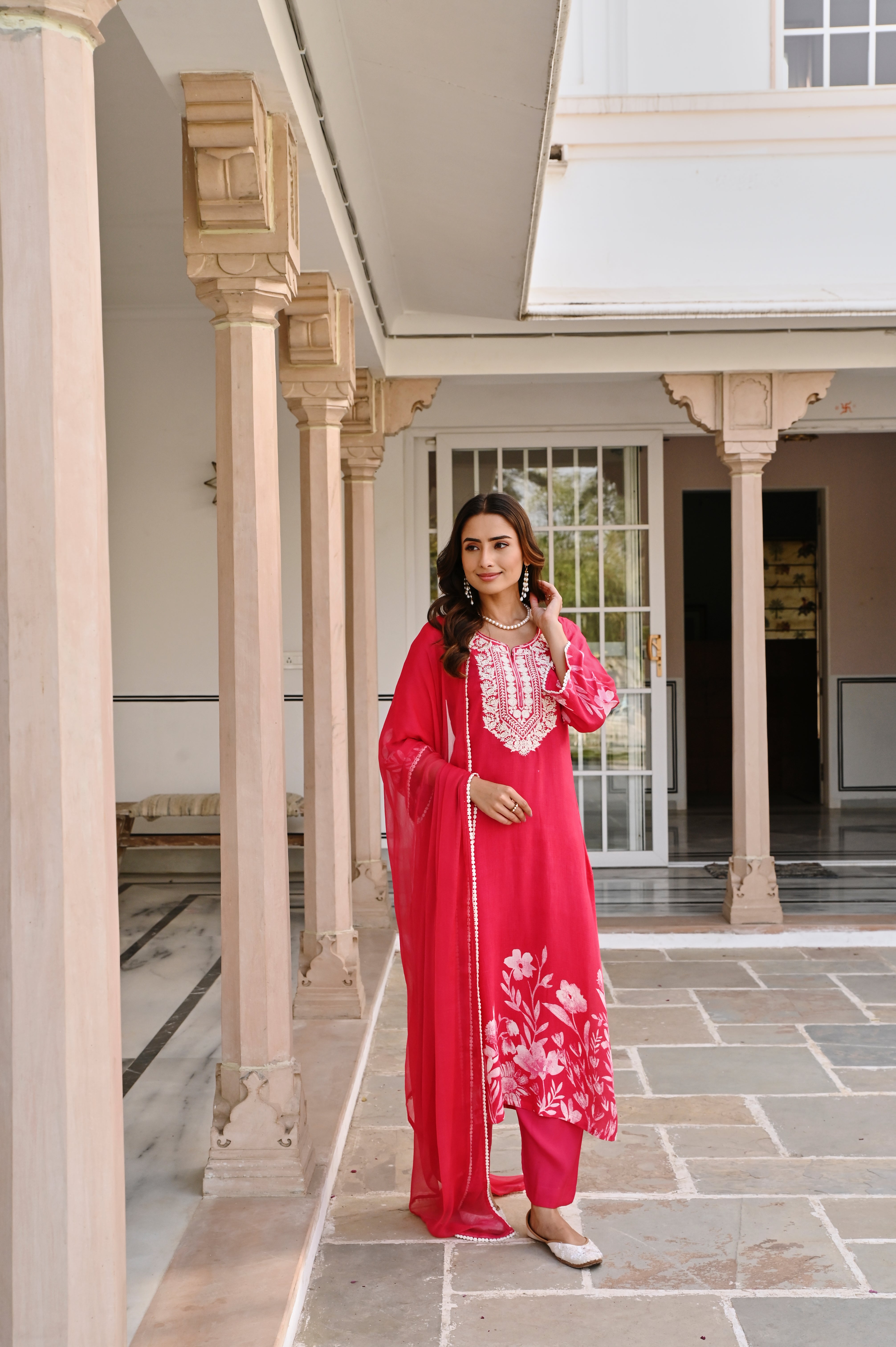 RED FLORAL MUSLIN KURTA SET