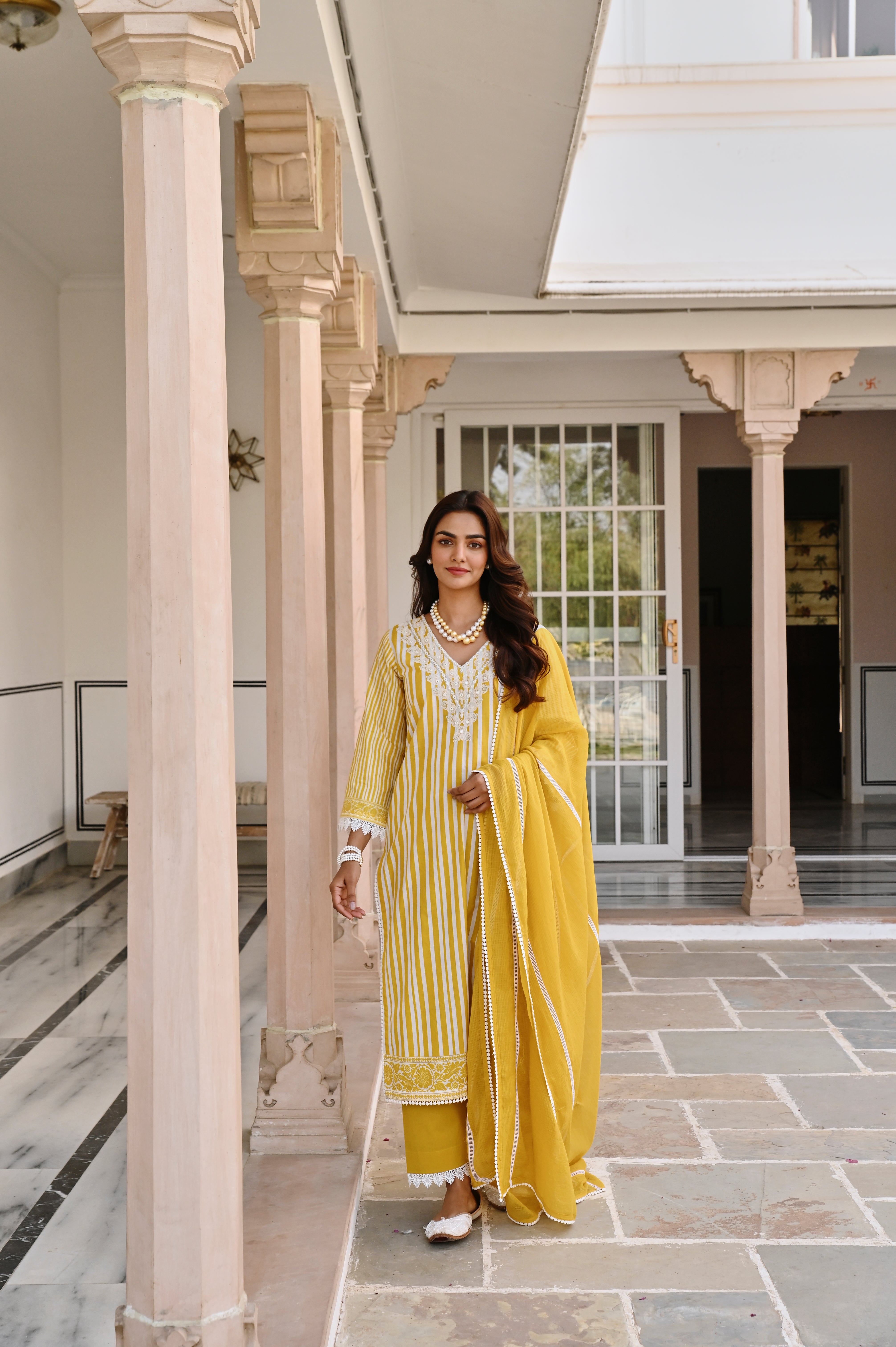 YELLOW WHITE EMBROIDERY V-NECK KURTA SET