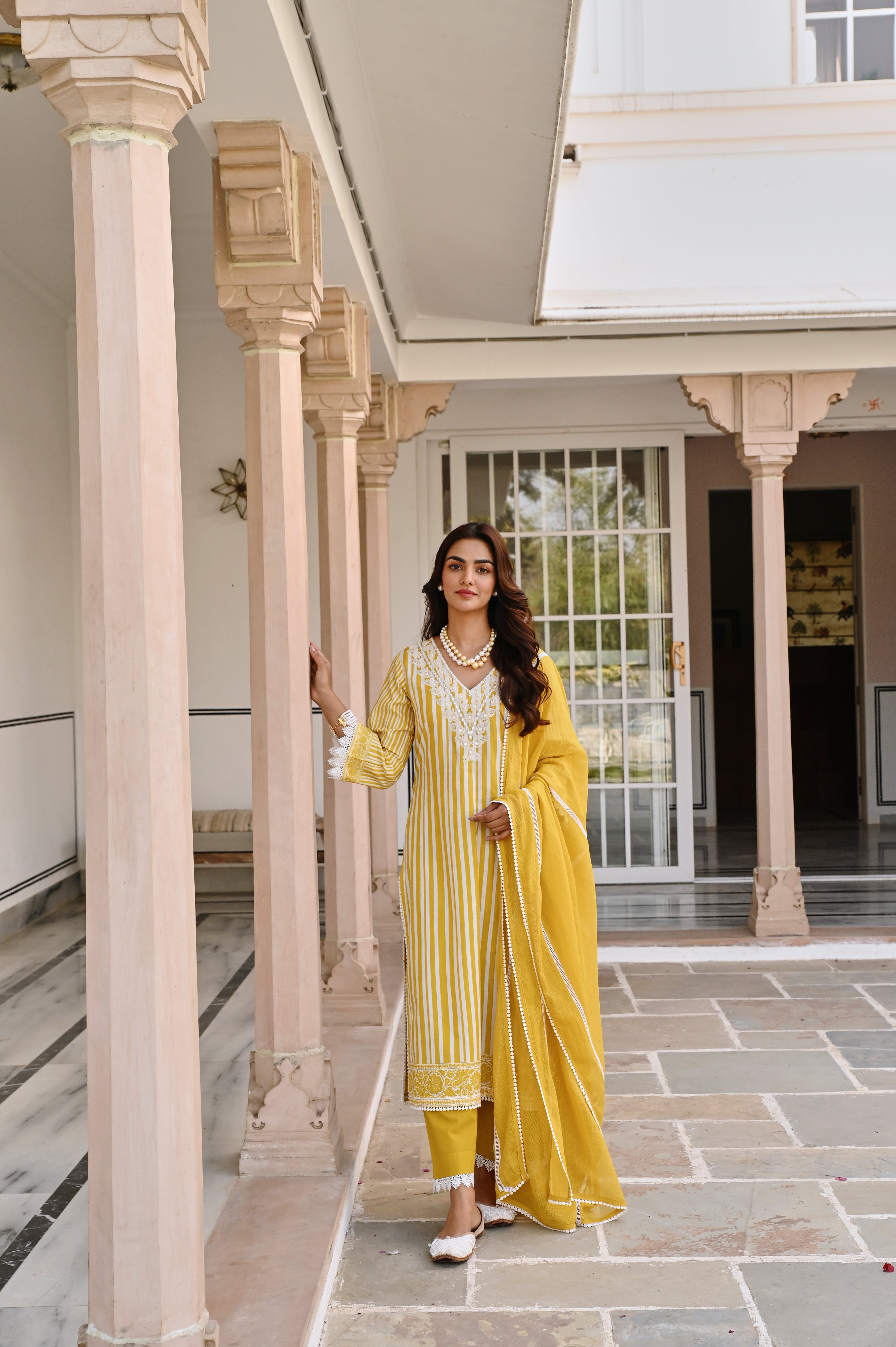 YELLOW WHITE EMBROIDERY V-NECK KURTA SET