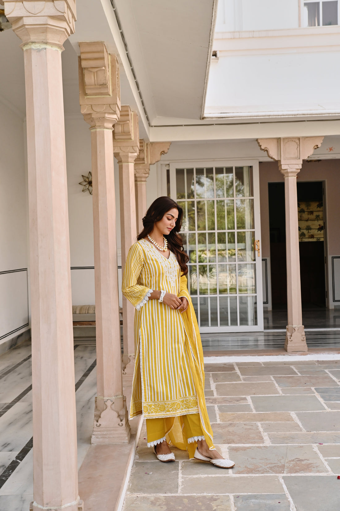 YELLOW WHITE EMBROIDERY V-NECK KURTA SET